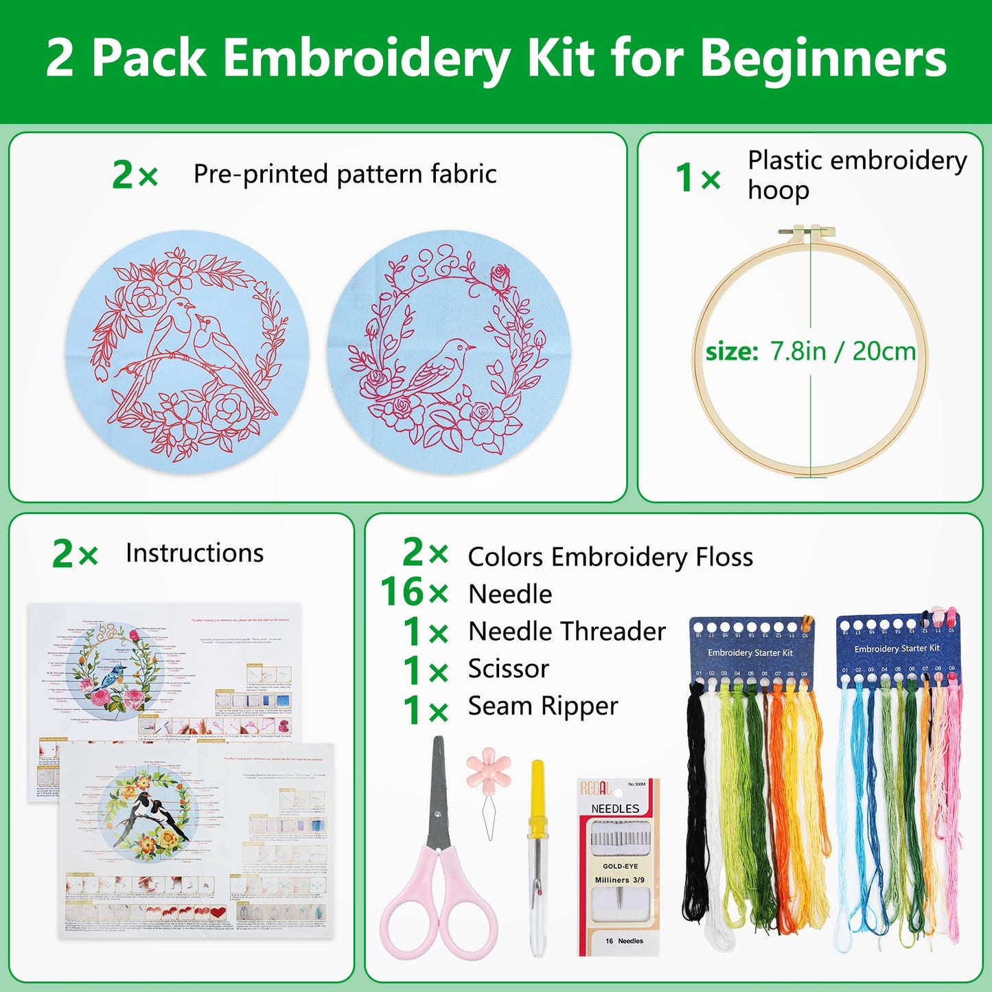 Embroidery Kit for Beginners Adults,Bird-Hummingbird Embroidery Kit Cross Stitch Kits for Beginner Easy to Learn Stitches Instruction Video Stamped Embroidery Pattern Flowers B2-2 Sets