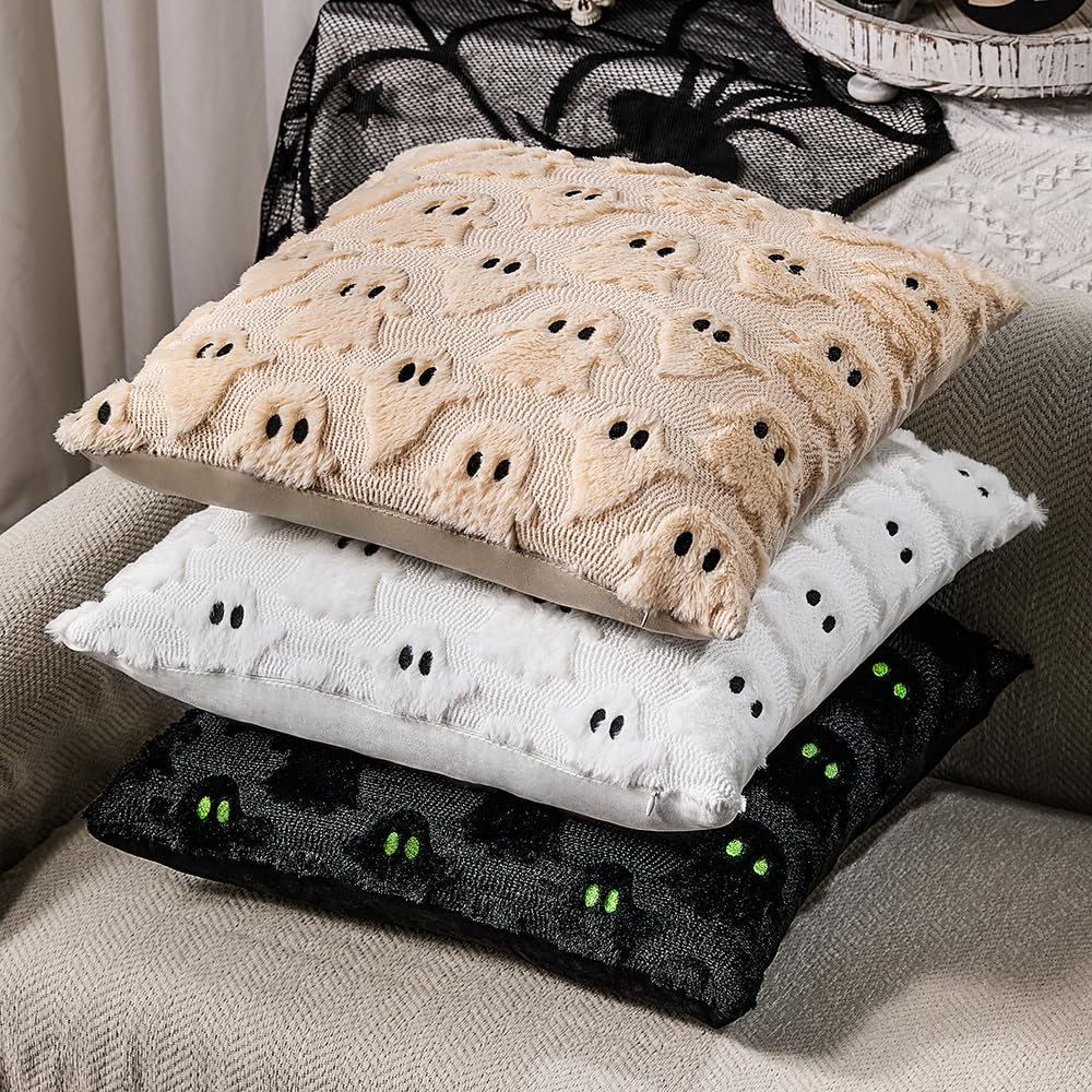 DFXSZ Halloween Pillow Covers 18x18 inch Set of 2 White Ghost Throw Pillow Cases Soft Plush Faux Fur Wool Couch Cushion Case for Chair Sofa Bedroom Living Room Home Decor PTK03A18