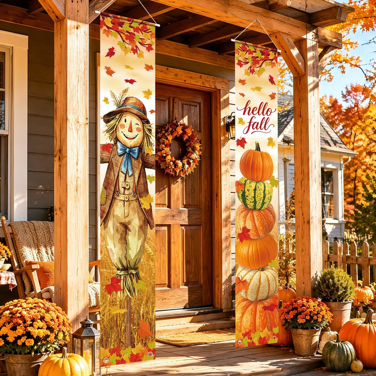 Hello Fall Porch Decor Autumn Harvest Porch Door Banner Hanging Sign