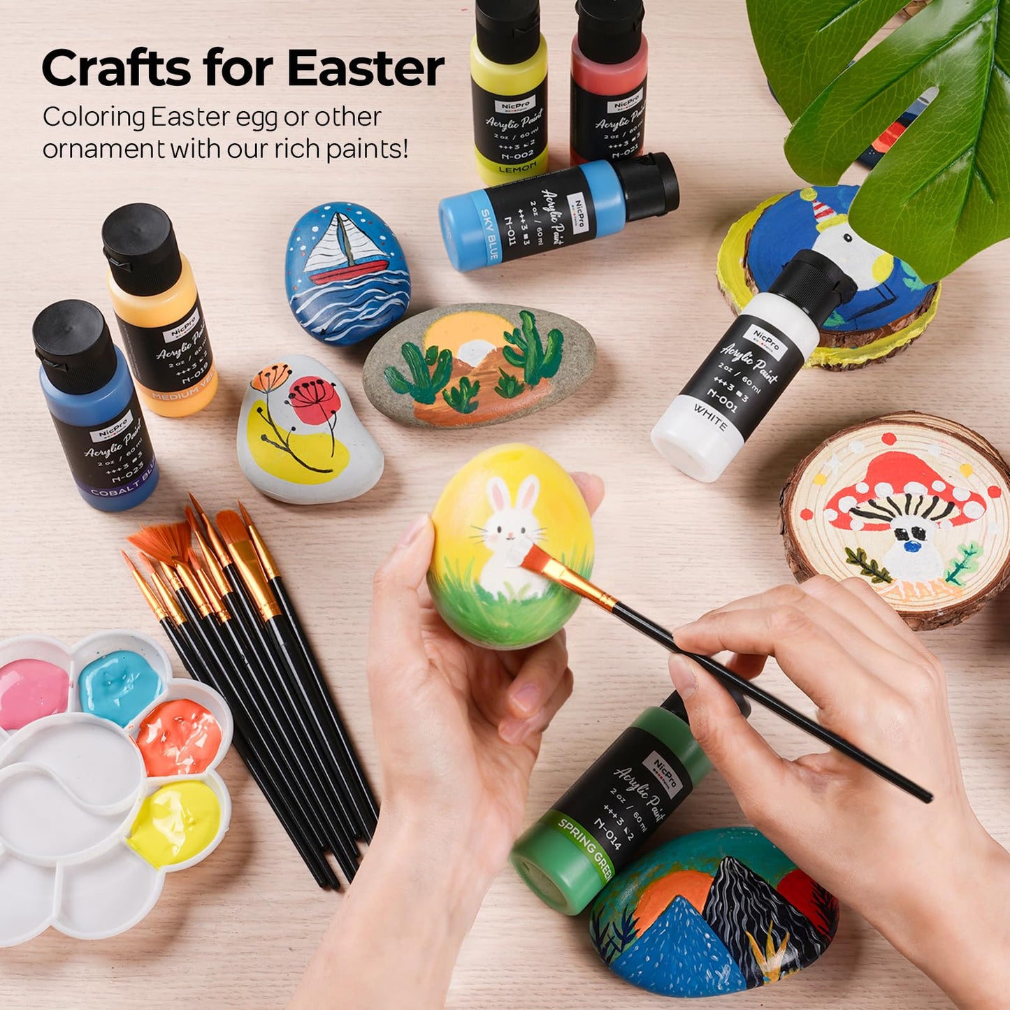 Acrylic Paint Set, 24 Colors with 12 Brushes & Palette, Non Toxic Art Supplies Kit for Painting Fabric, Canvas, Clay, Wood, Rock & Ceramic, Easter Egg, Rich Pigments for Beginners, Students & Professional Artists (2 oz, 60 ml)