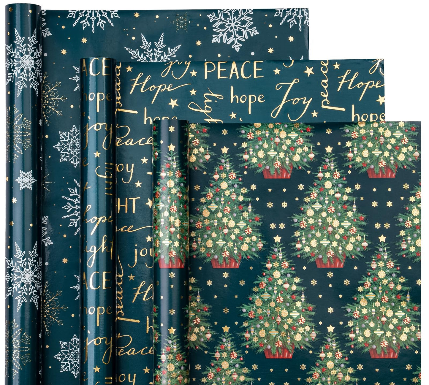 Christmas Wrapping Paper Roll - Mini Roll - 3 Rolls - 17 Inch x 120 Inch Per Roll - Green Christmas Tree and Snowflake Holiday Design with Metallic Foil Shine
