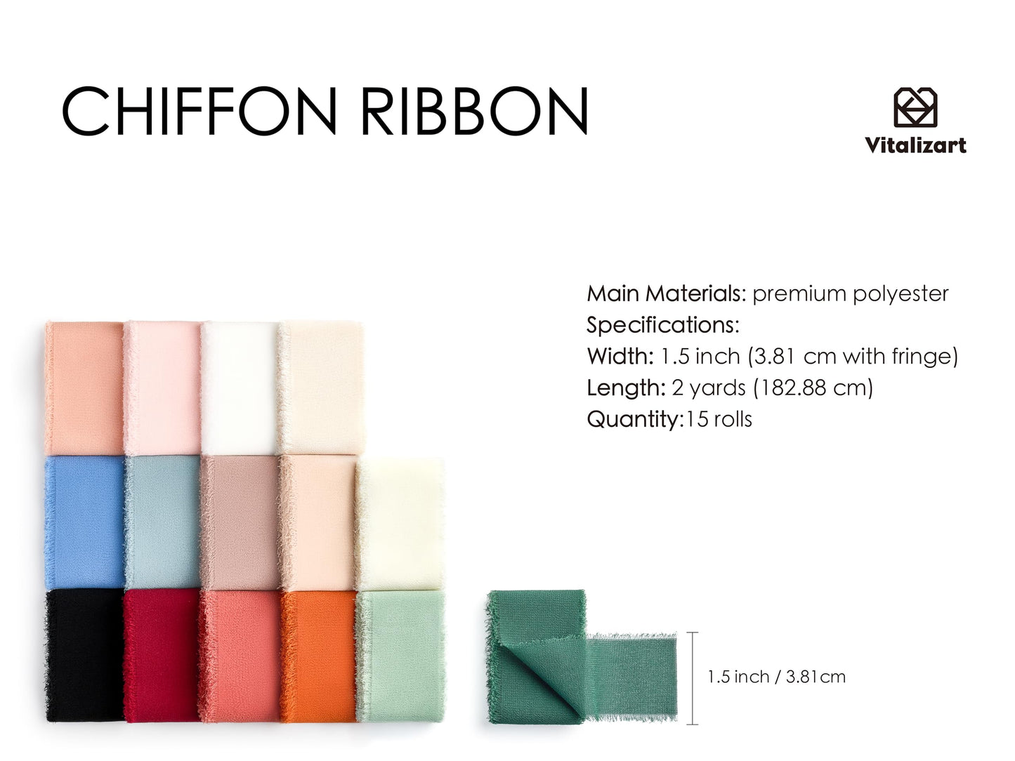 Vitalizart 15 Rolls Chiffon Silk Ribbon Handmade Frayed Fringe 1 1/2 Inch Eco-Friendly for Christmas Gift Wrapping Wedding Invitations Bridal Bouquets Bows 30 Yards in total