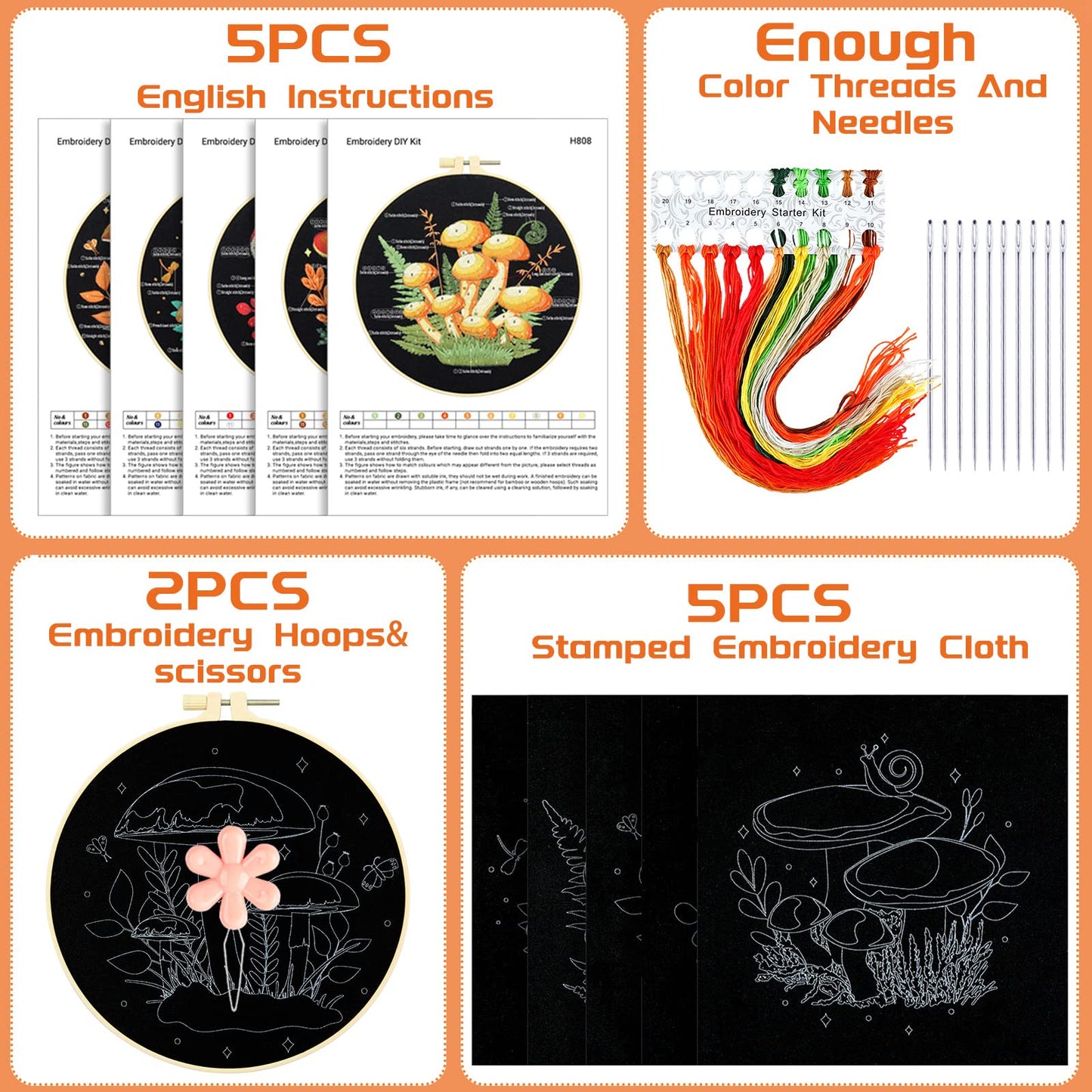 5 Sets Mushroom Embroidery Kit for Beginners with Pattern and Instructions Include Embroidery Cloth Hoops Threads for Craft Lover Hand Stitch DIY Adult Hand Needlepoint