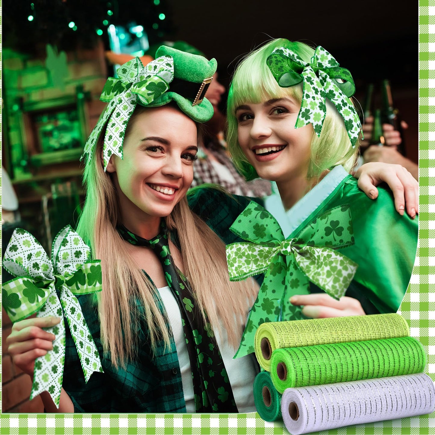 10 Rolls St. Patrick's Day Ribbon 4 Rolls Mesh Ribbon 6 Rolls Shamrock Wired Edge Irish Metallic Mesh Wreath Gift Wrapping for St. Patrick's Day Party Decorative DIY Craft