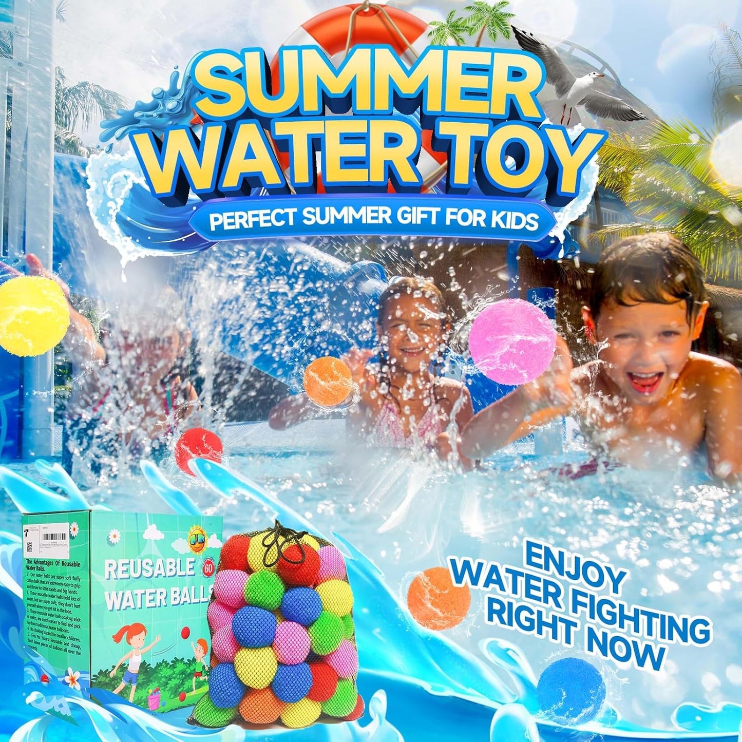 BEFANS 60 Pcs Reusable Water Balls, Reusable Water Balloons for Outdoor Toys and Games, Water Toys for Kids and Adults Boys and Girls - Summer Balls for Pool and Backyard Fun
