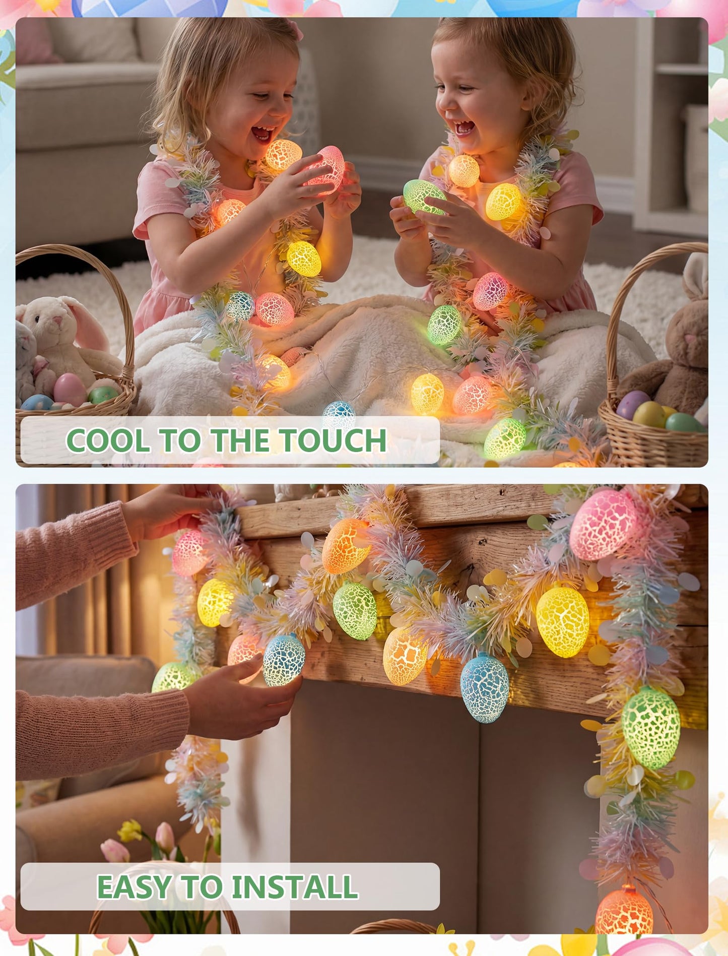 8.5Ft Easter Garland with Lights, Plug in Easter Egg String Lights & Pastel Tinsel Set (White Wire), Connectable Waterproof Indoor Outdoor Decor for Home Mantle Bedroom Party
