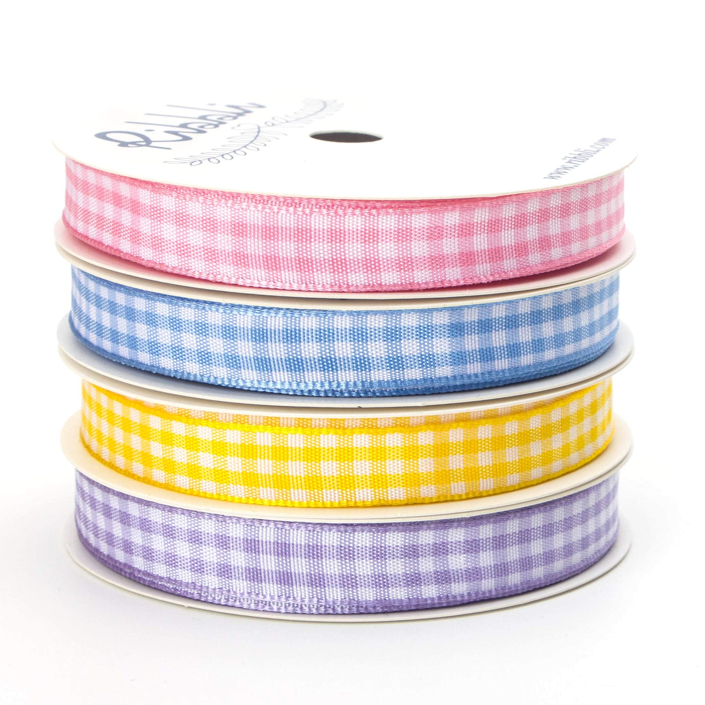 Ribbli 4 Rolls 3/8 Inch Gingham Ribbon,Total 40 Yards,100% Polyester Woven Edge,(Lt.Pink/Lt.Blue/Lt.Purple/Yellow),Easter Ribbon,Check Ribbon Use for Baby Shower,Gift Wrapping