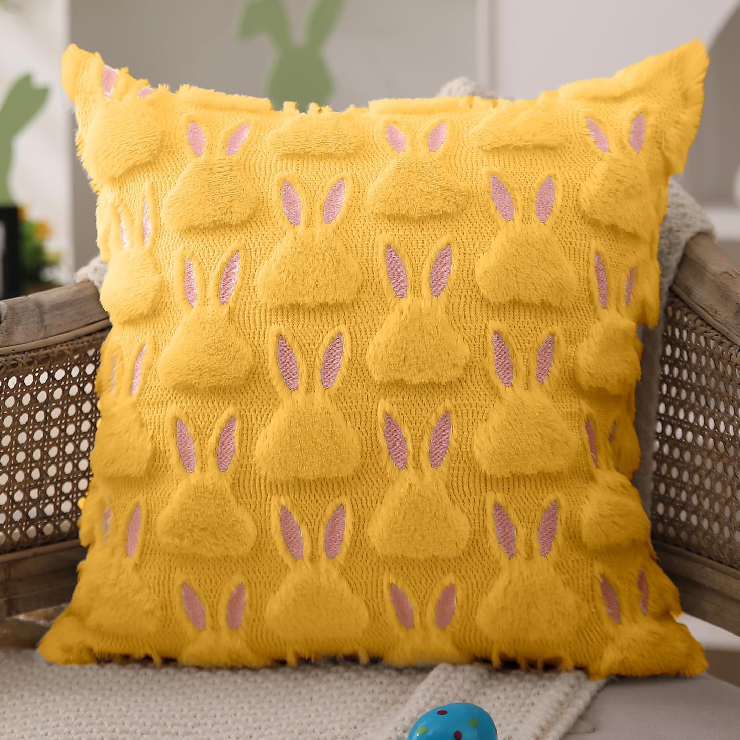 Easter Pillow Covers 18x18 inch Set of 2 Easter Decorations Pink Ears Yellow Rabbit Soft Plush Faux Fur Jacquard Throw Pillows for Bedroom Sofa Holiday Festivals Home Decor FHJ-17D18