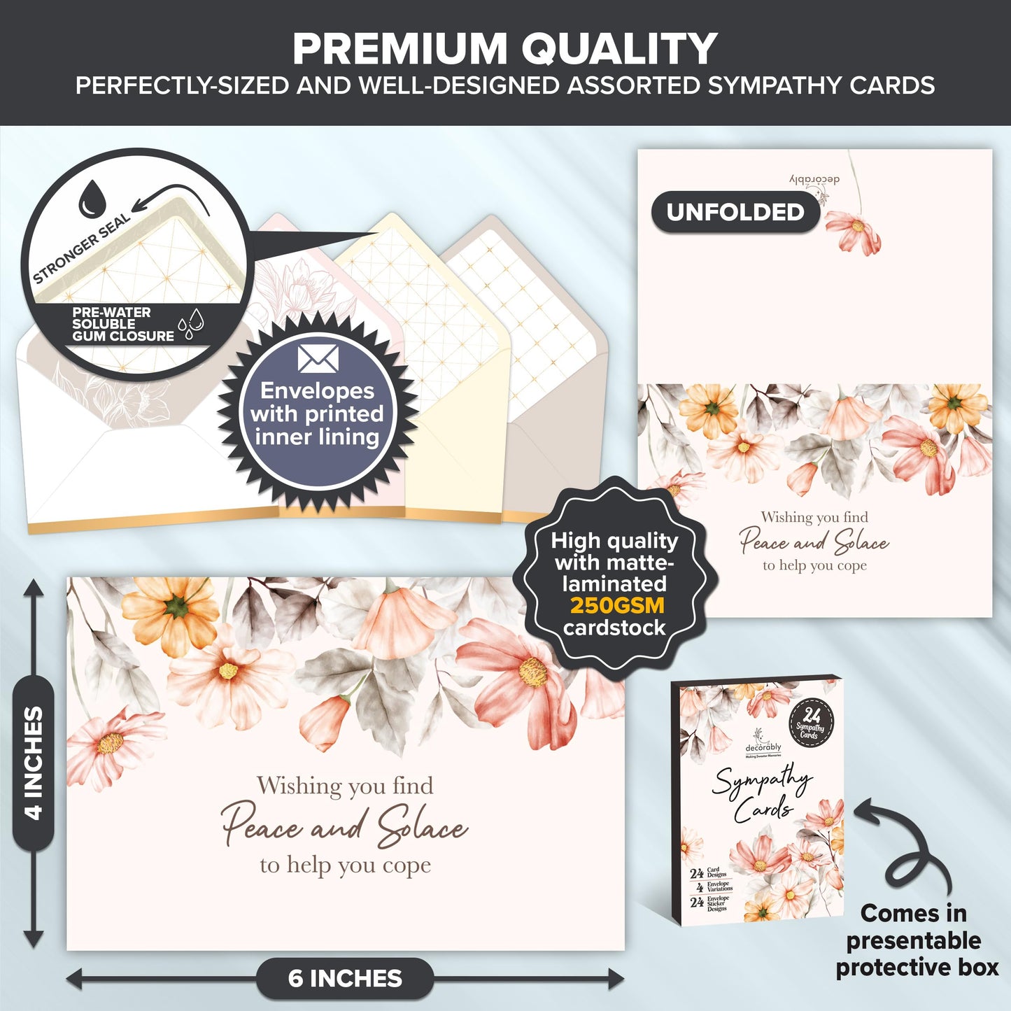 24 Pack 6x4in Assorted Sympathy Cards with Envelopes and Stickers, 24 Unique Designs Sympathy Cards Assortment Box with Envelopes with Printed Message Inside - Bereavement, Condolences