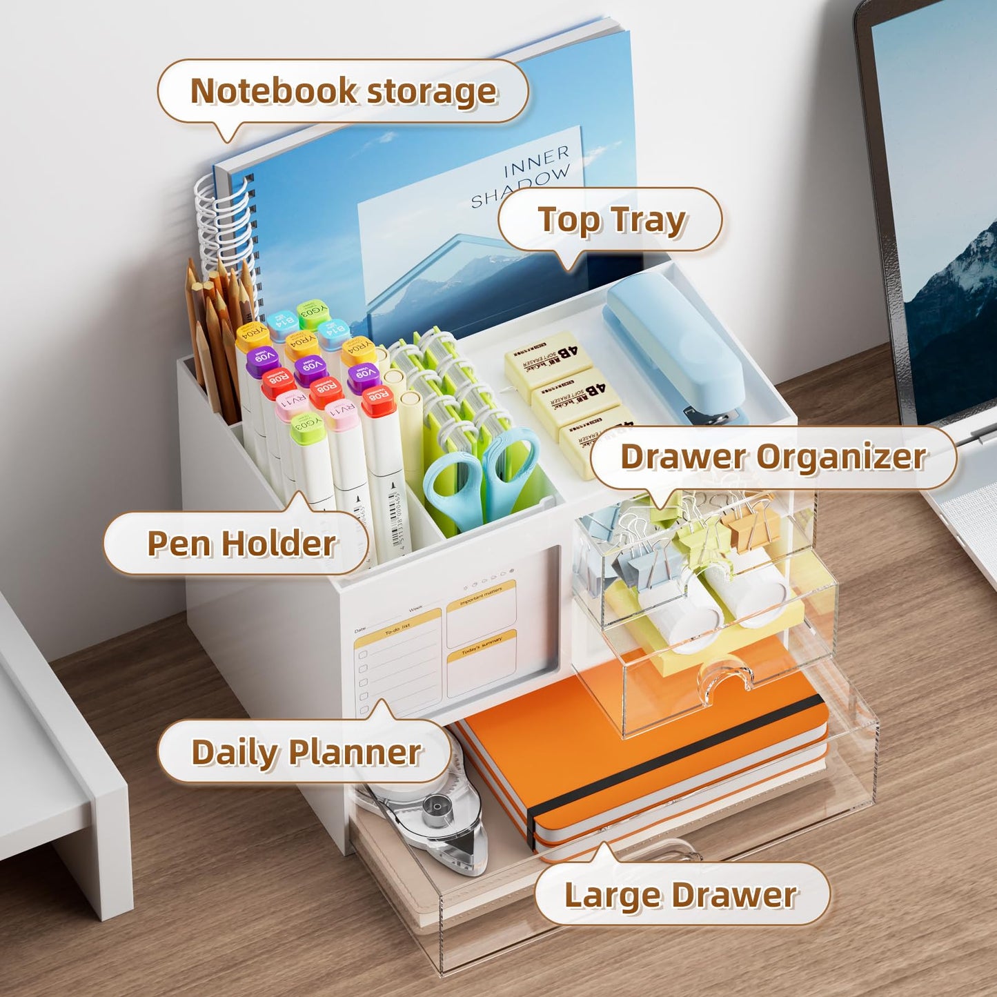 Desk Organizer with 3 Drawer, Multi-Functional Pencil Pen Holder for Desk, Desk Organizers and Accessories with 4 Compartments, Desktop Organizer Storage for Office Home Art Supplies (White)