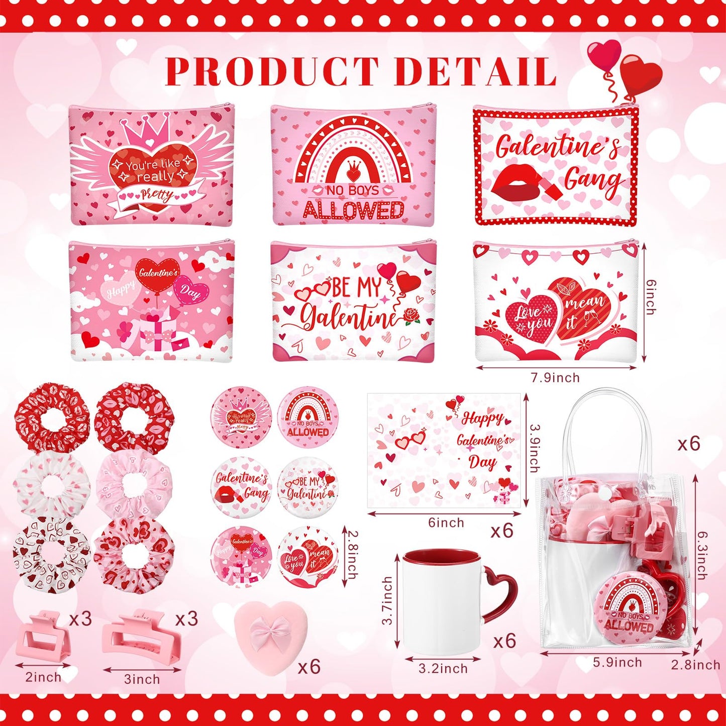 48 Pcs Galentine's Day Gifts Set Include Hairpin, Hair Scrunchies, Mug, Makeup Bags, Cards, Makeup Puff, Clear Gift Bag, Mirrors for Women Galentines Day Party Favors Bestie Valentine Friend