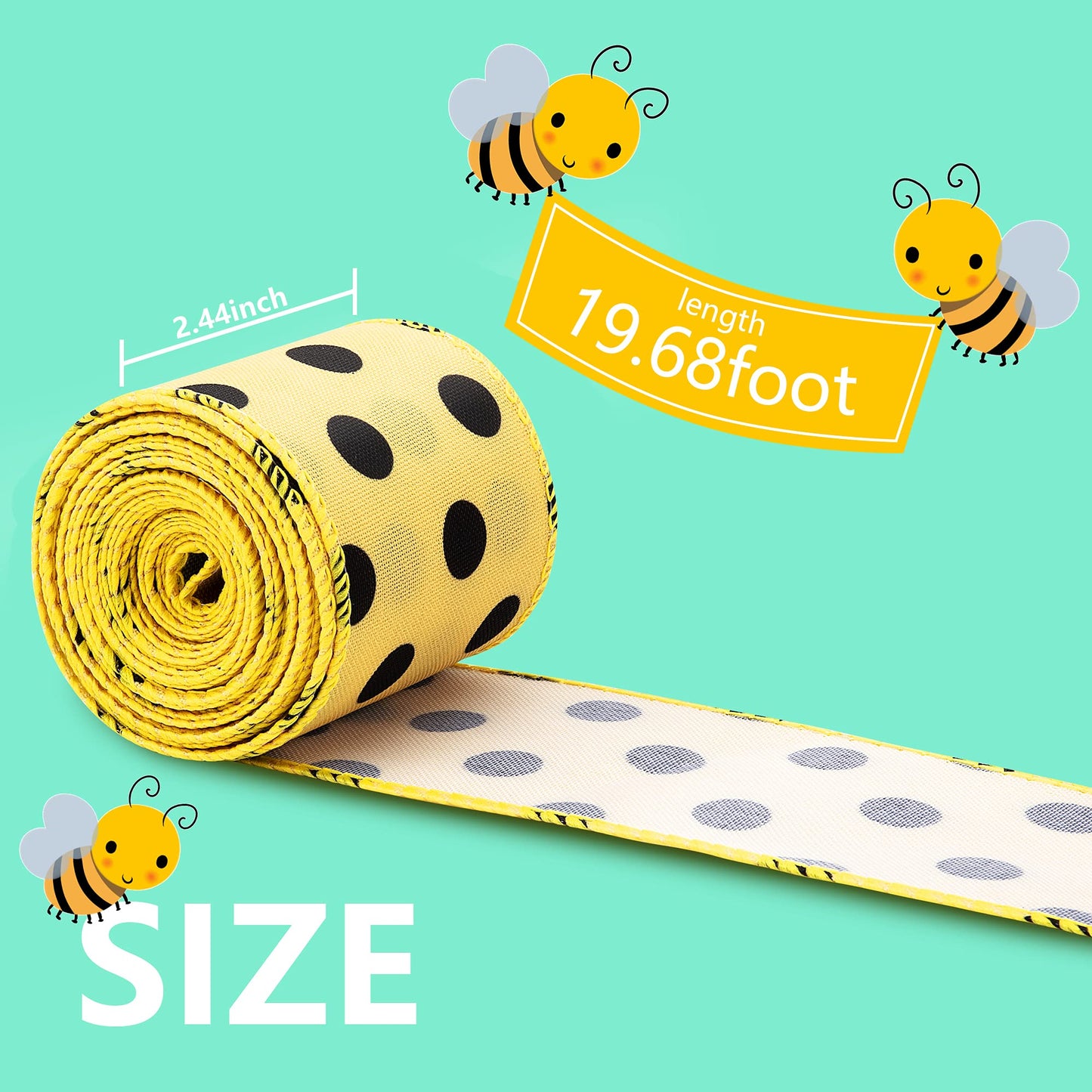 3 Pack 18 Yard Bumble Bee Ribbon Wired Polka Dot Wired Edge Ribbon Bee Vertical Stripe Craft Ribbon Decorative Ribbon for Wrapping, Party Decoration, Hair Bows, Crafting and Sewing