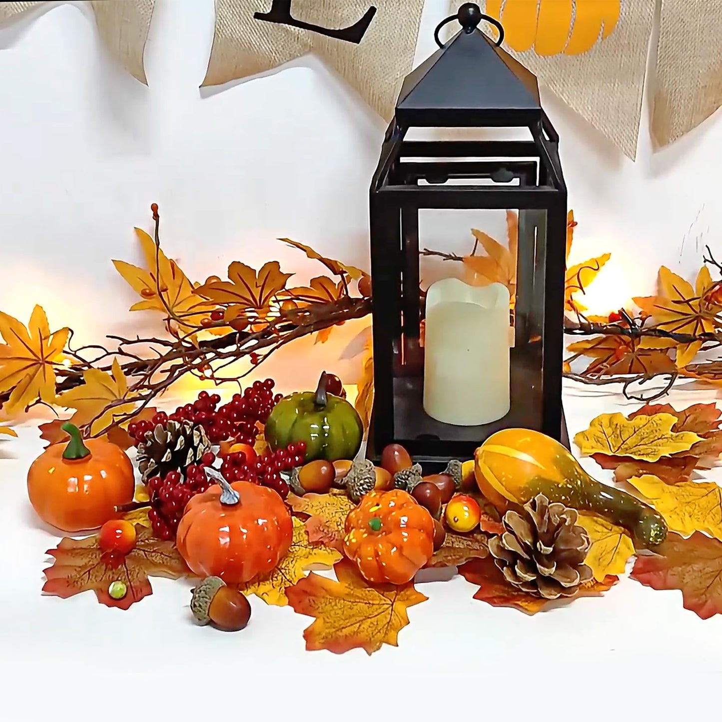 winemana Thanksgiving Harvest Mini Artificial Pumpkins, 30 Maple Leaves 10 Acorns 2 Pinecones 8 Pumpkins 2 Red Berry 5 Pomegranate Pumpkin Decoration for Fall Autumn Harvest Day, Set of 57