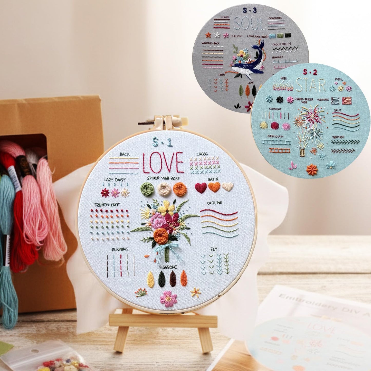 Nalexmi Embroidery Kit for Beginners, DIY Cross Stitching Kit with Stamped Flower Patterns, 4 Pack, Includes Hoop-1, Tools, Threads, Needles, Instructions