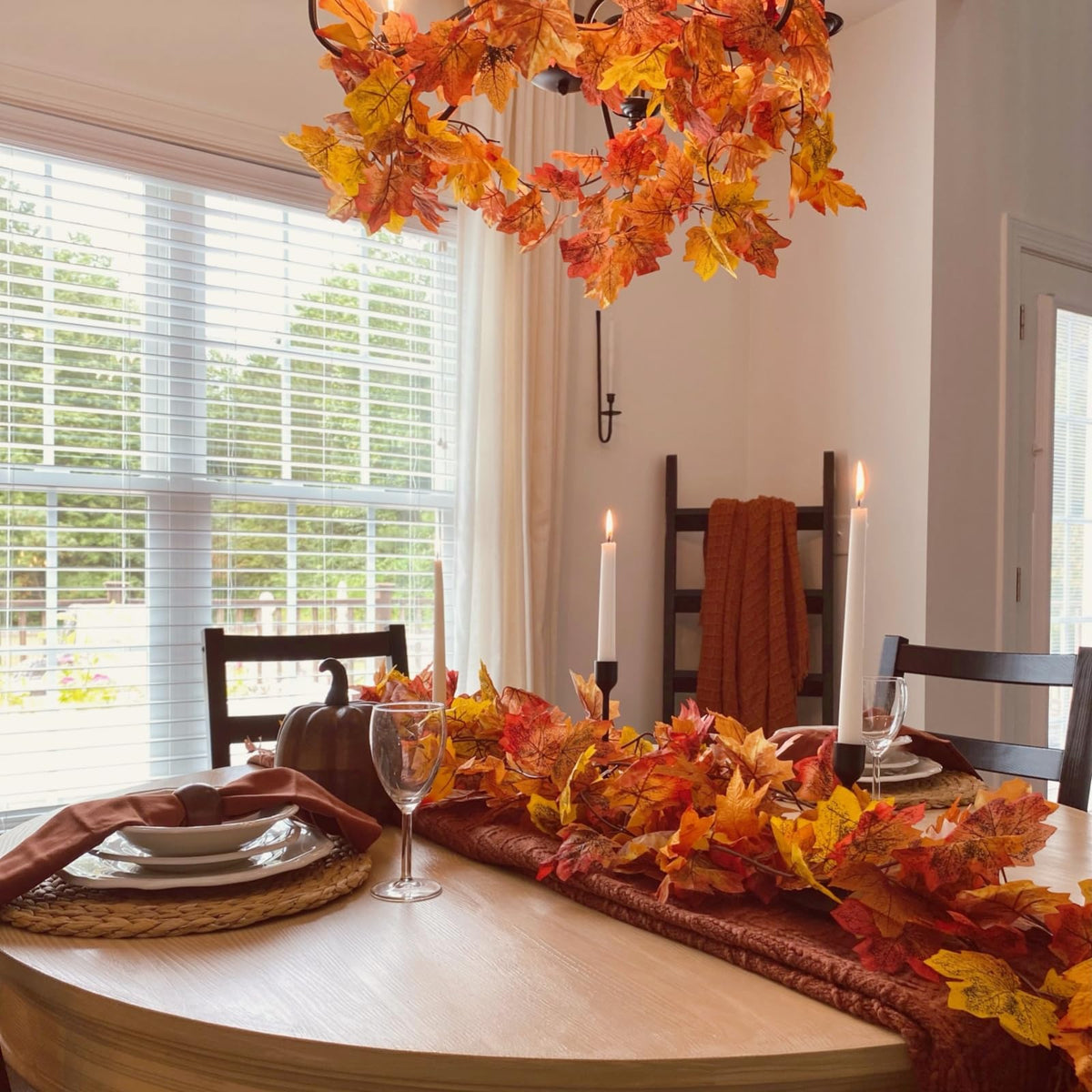 CQURE 8 Pack Fall Leaf Garland, Hanging Fall Vines Autumn Garland Artificial Maple Fall Leaves Thanksgiving Decor for Home Wedding Fireplace Party