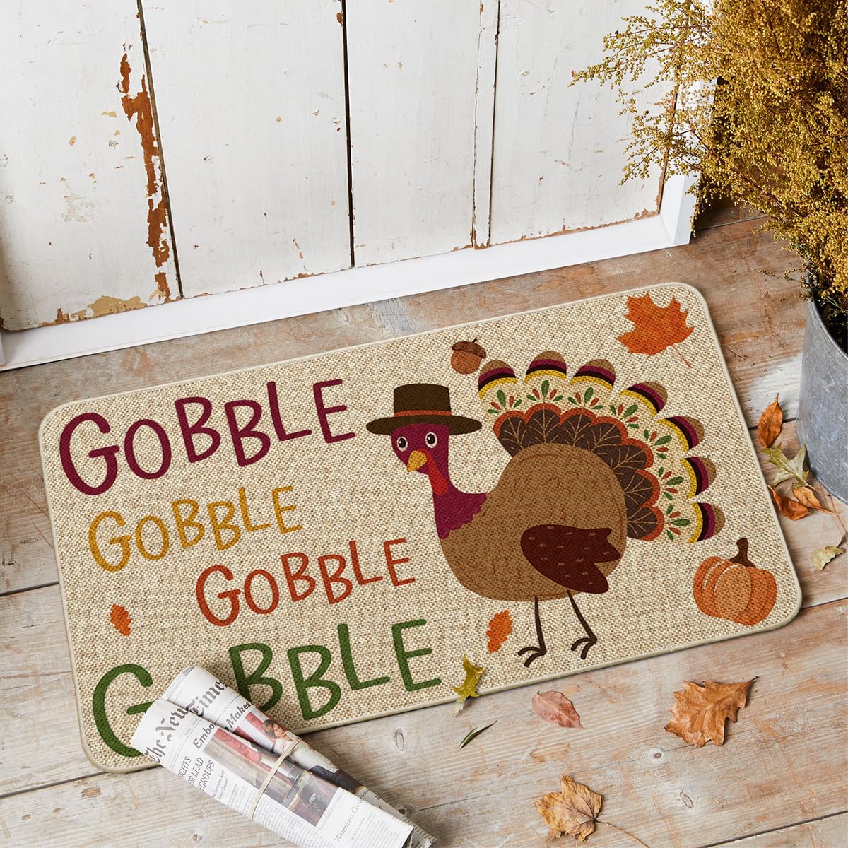 Artoid Mode Gobble Turkey Decorative Doormat, Seasonal Fall Thanksgiving Holiday Party Low-Profile Floor Mat Switch Mat for Indoor Outdoor 17 x 29 Inch