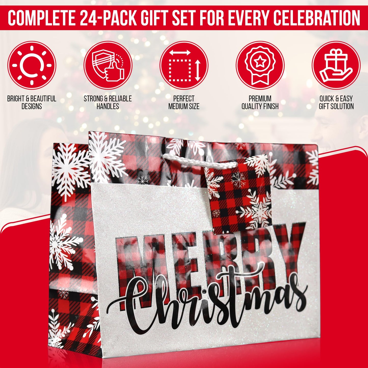 24-Pack Medium Christmas Gift Bags with Tissue Paper - Fun Bright Designs: Merry Christmas, Joy, Holidays - Printed Holiday Bags with Tags