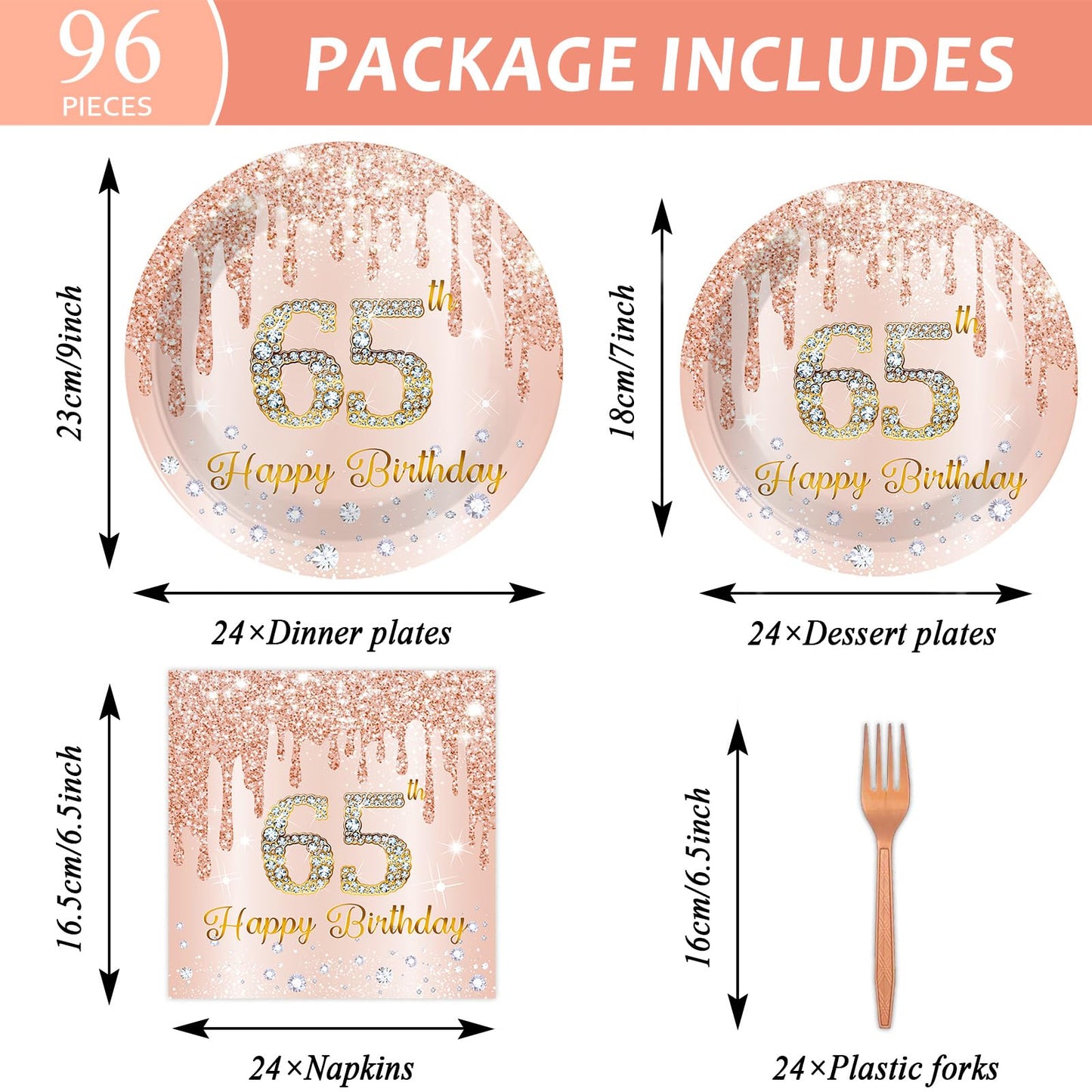 96Pcs 65th Birthday Party Plates and Napkins for 65 Year Old Birthday Party Supplies Rose Gold Paper Dessert Plates 65th Birthday Tableware Set for Men Women 24 Guests Party Decorations