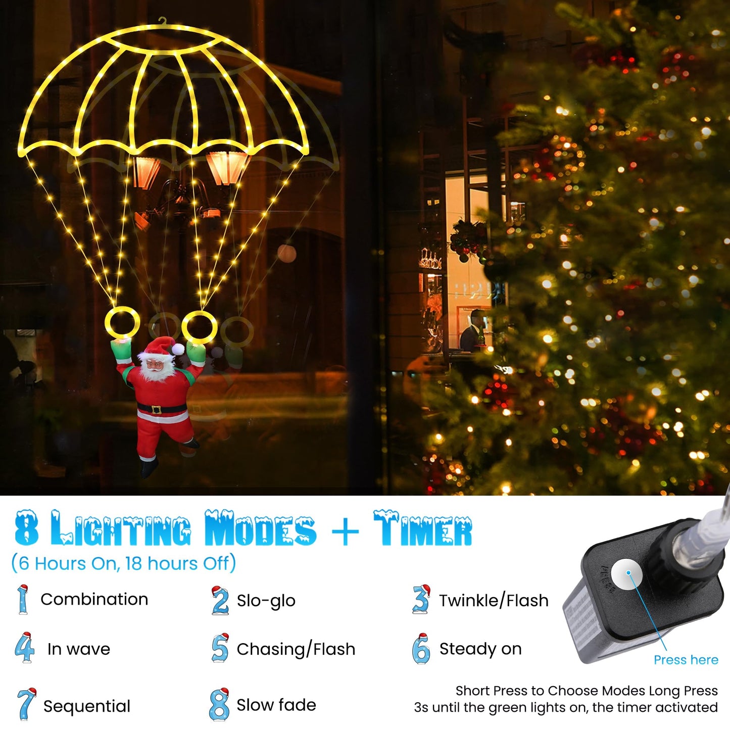 Christmas Decorations Lights Outdoor, 2.8FT Christmas Parachute Lights with Santa Claus, Waterproof 8 Modes Hanging Warm White Xmas Light - Holiday Decorative Light for Indoor Eave Roof