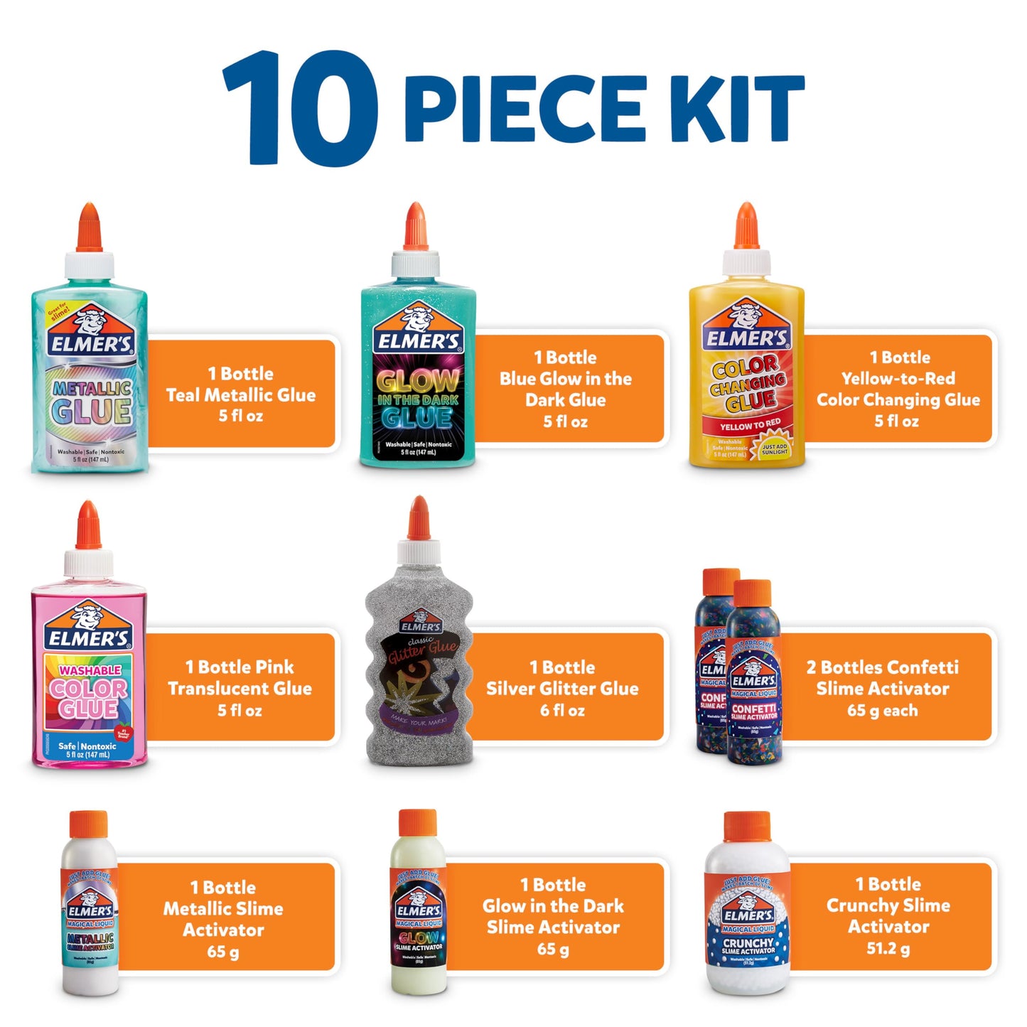 Elmer's Celebration Slime Kit, Complete Slime Supplies, Includes Assorted Magical Liquid Slime Activators and Liquid Glues, 10 Count - Kids Activity, Creative Fun, Arts & Crafts