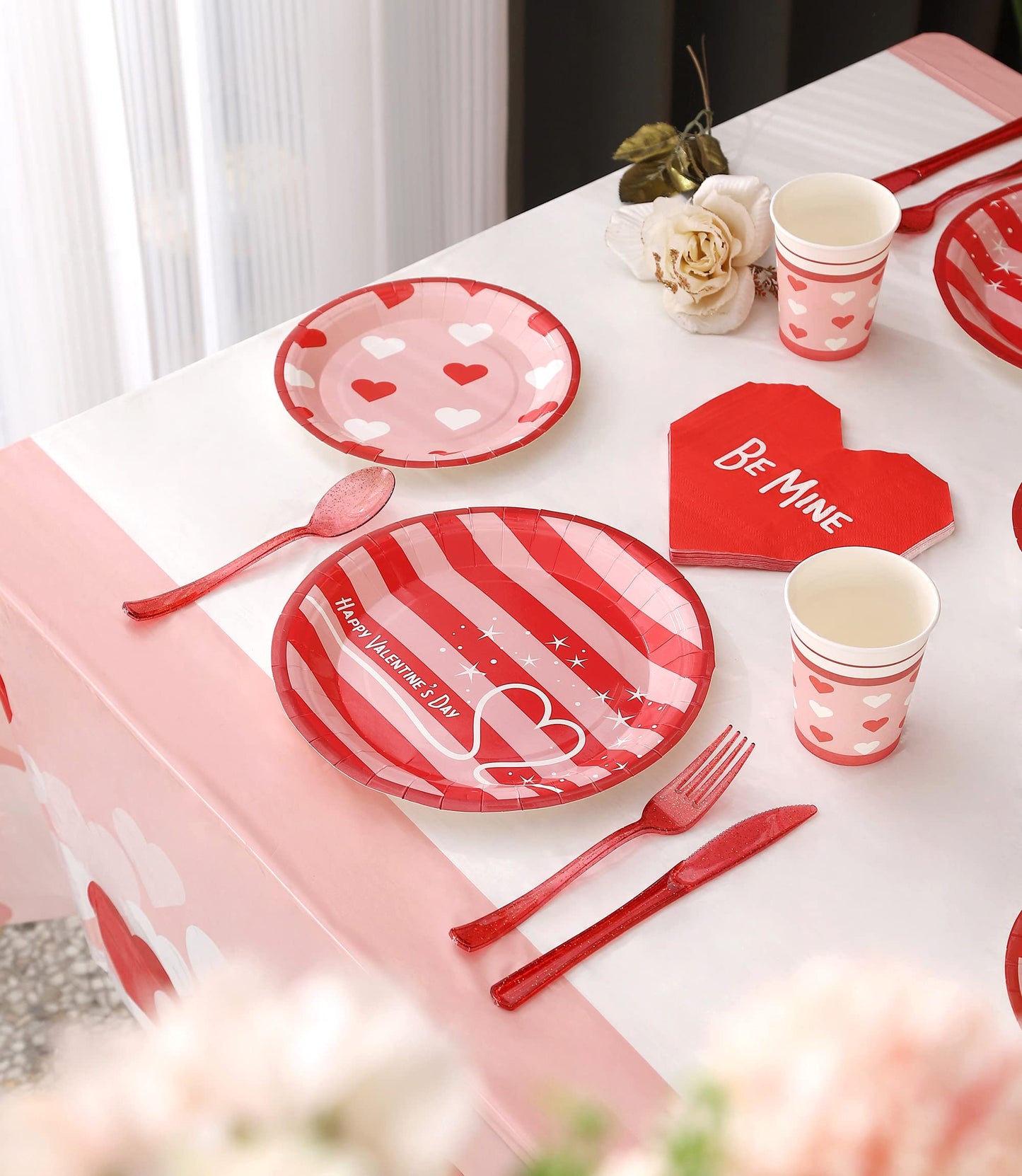 Valentines Day Plates and Napkins Sets - Serves 16 - Includes Paper Cups Cutlery for Valentine Decor Party Supplies Paper Straws Valentines Day Decor Valentine's Day Decorations
