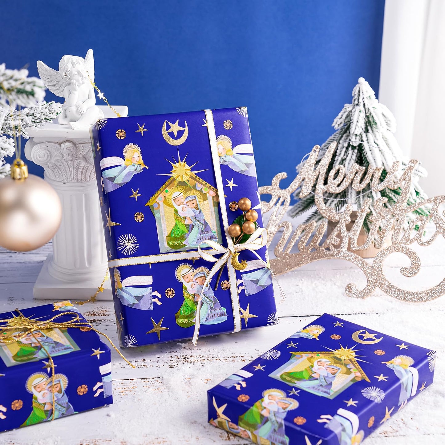 Christmas Wrapping Paper - Mini Roll - 17 Inch x 33 Feet - Blue Little Angel Wrapping Paper for Christmas, Holiday, Party Celebration