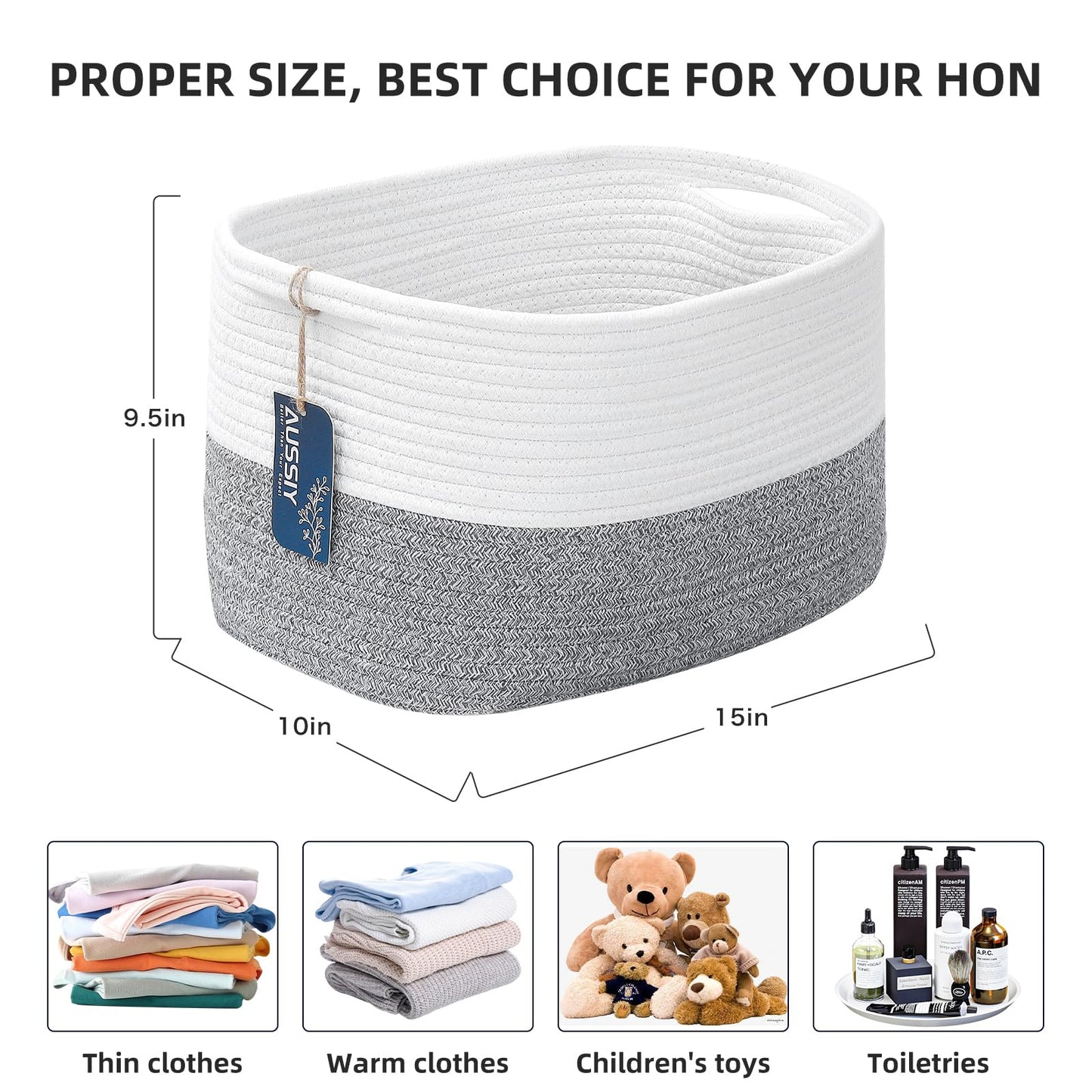 Rope Baskets for Storage Basket, Cotton Rope Woven Basket with Handles. Blanket Basket for Storing Clothes, Toys, Books, Shelves etc, 15''L x 10''W x 9.5''H, Gray/Off White