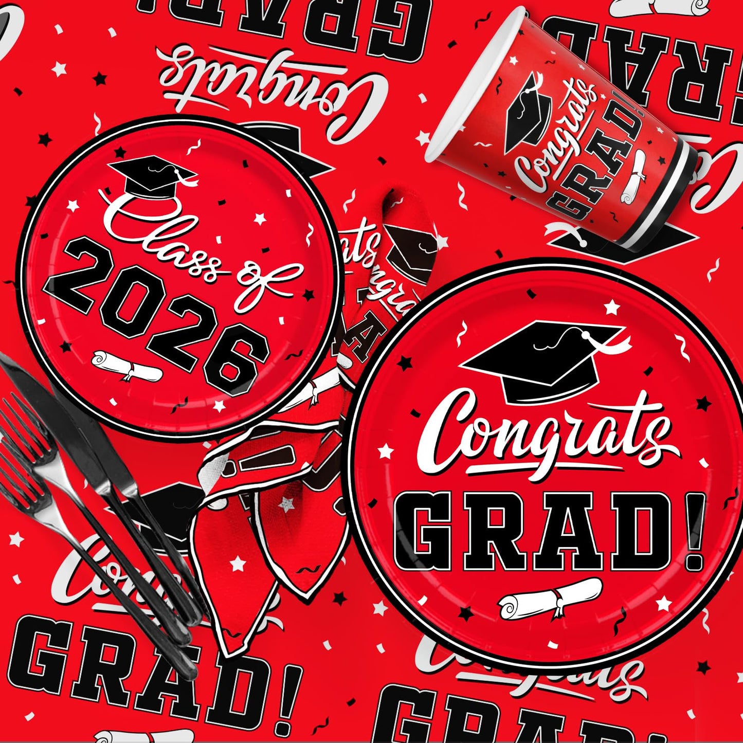 Graduation Decorations class of 2026 Gatherfun Congrats Grad Party Dinnerware Set Red Disposable Paper Plates Napkins Cups Tablecloth Banner for Graduation Decorations 2026 deals, Serve 25