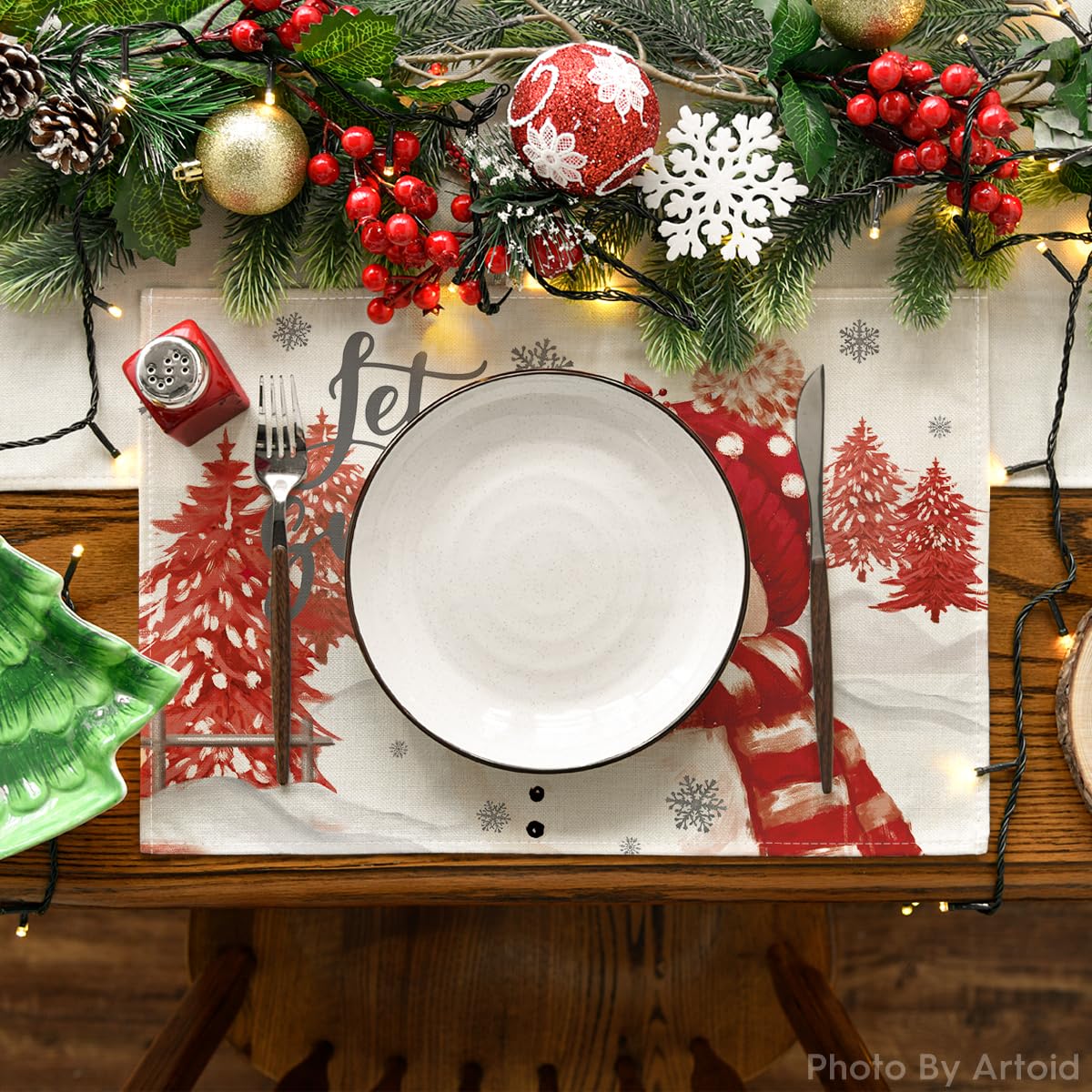Red Snowman Let It Snow Xmas Tree Merry Christmas Placemats for Dining Table, 12 x 18 Inch Seasonal Winter Washable Table Mats Set of 4