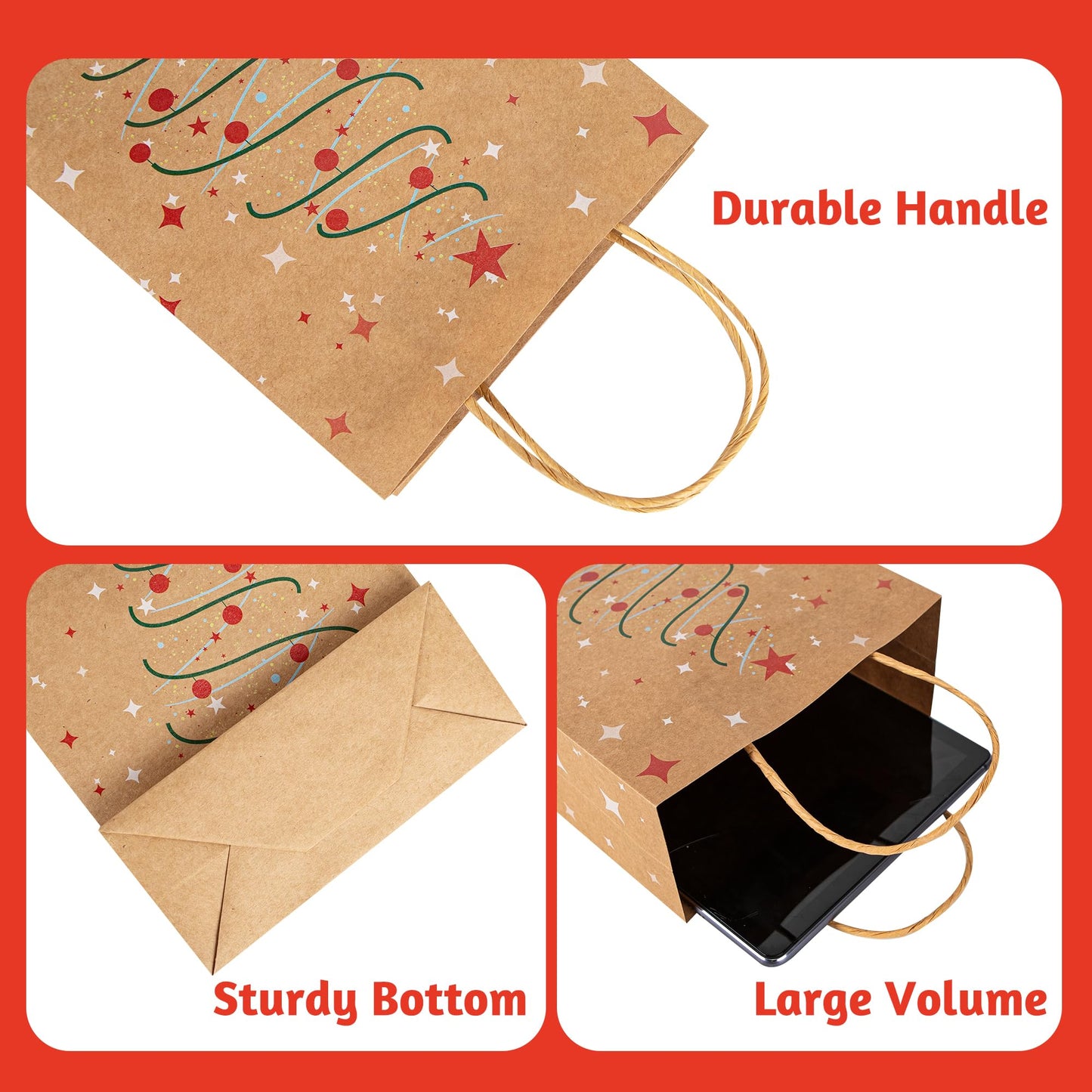 24 Christmas Kraft Gift Bags 7x 8.6 x 3 with 24 Tissue Papers for Xmas Exchange, Party Favors Paper Goodie Bags, Assorted Christmas Bags, Treat Bags