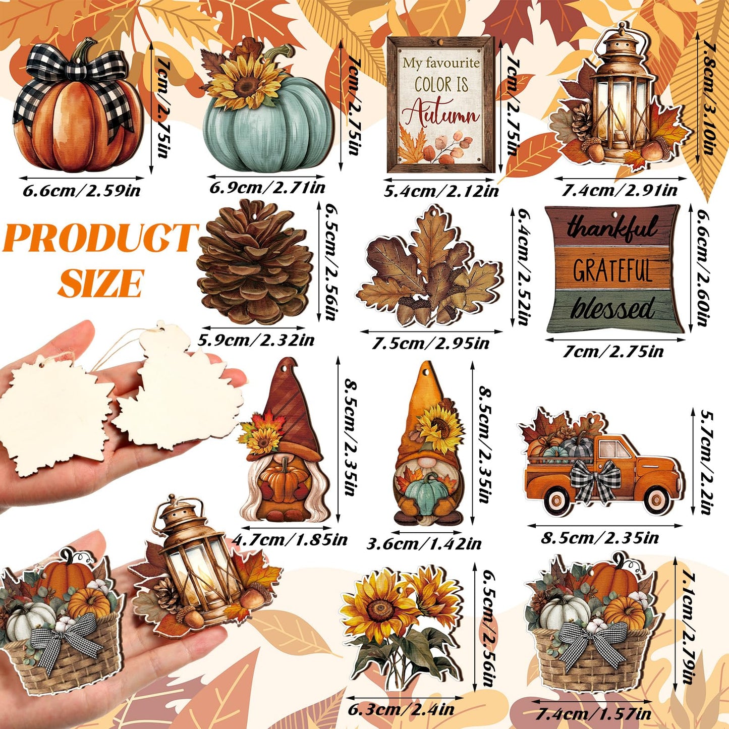 FairySandy 36 Pcs Fall Tree Decorations Thanksgiving Gnomes Ornaments for Tree Wooden Hanging Ornaments Pumpkins Leaves Flowers Cutouts Autumn Decorations for Holiday Party Supply(Classic Style)