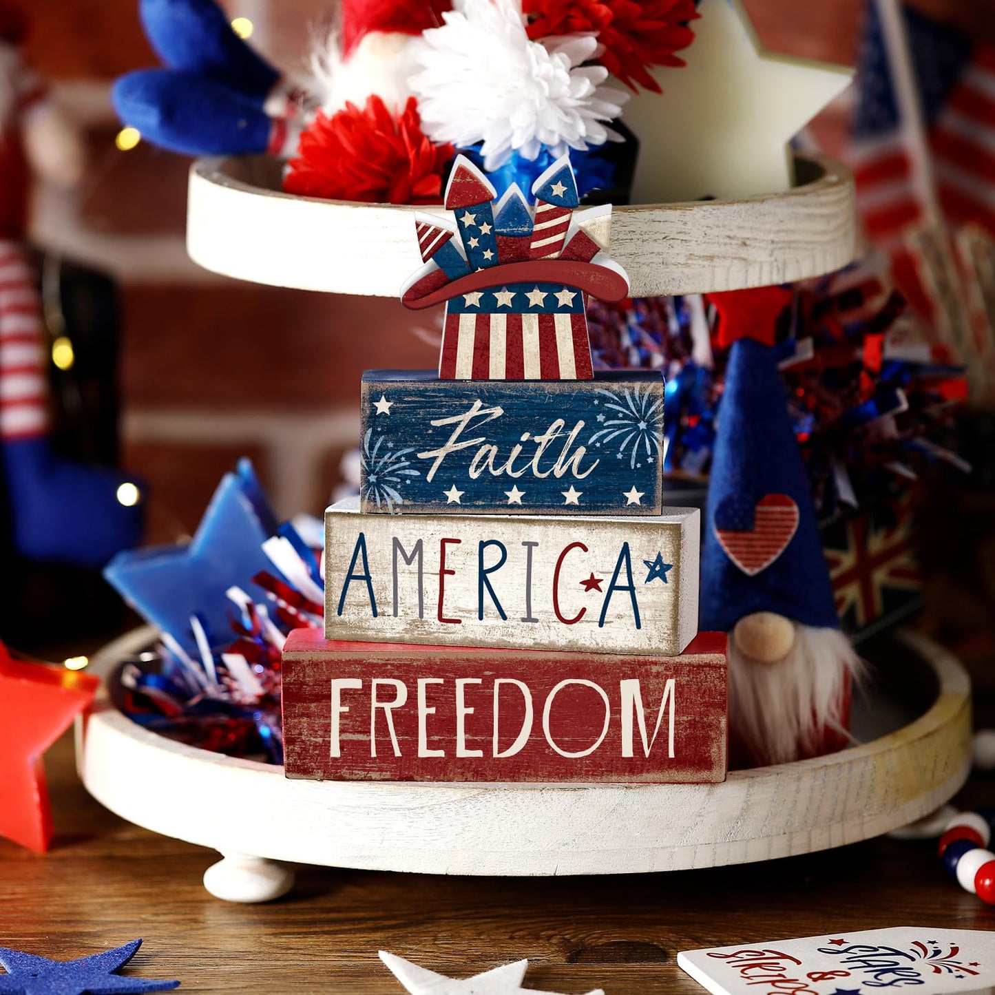 CroBlissful 4 Pcs 4th of July Decorations Patriotic Memorial Day Tabletop Decorations Red White Blue Table Centerpieces Sign for Office Tiered Tray Home Shelf 250th Anniversary(Independence Day Hat)