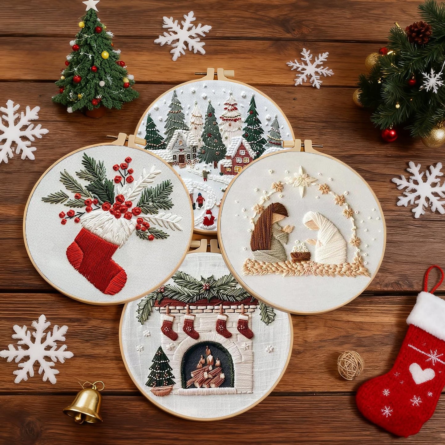 Christmas Embroidery Kit, 4 Pack Cross Stitch Kits,DIY Embroidery Starter Kit for Adults & Beginners, DIY Needlepoint Kit with Embroidery Hoop Thread Needle for Craft Lover Birthday Gifts 2