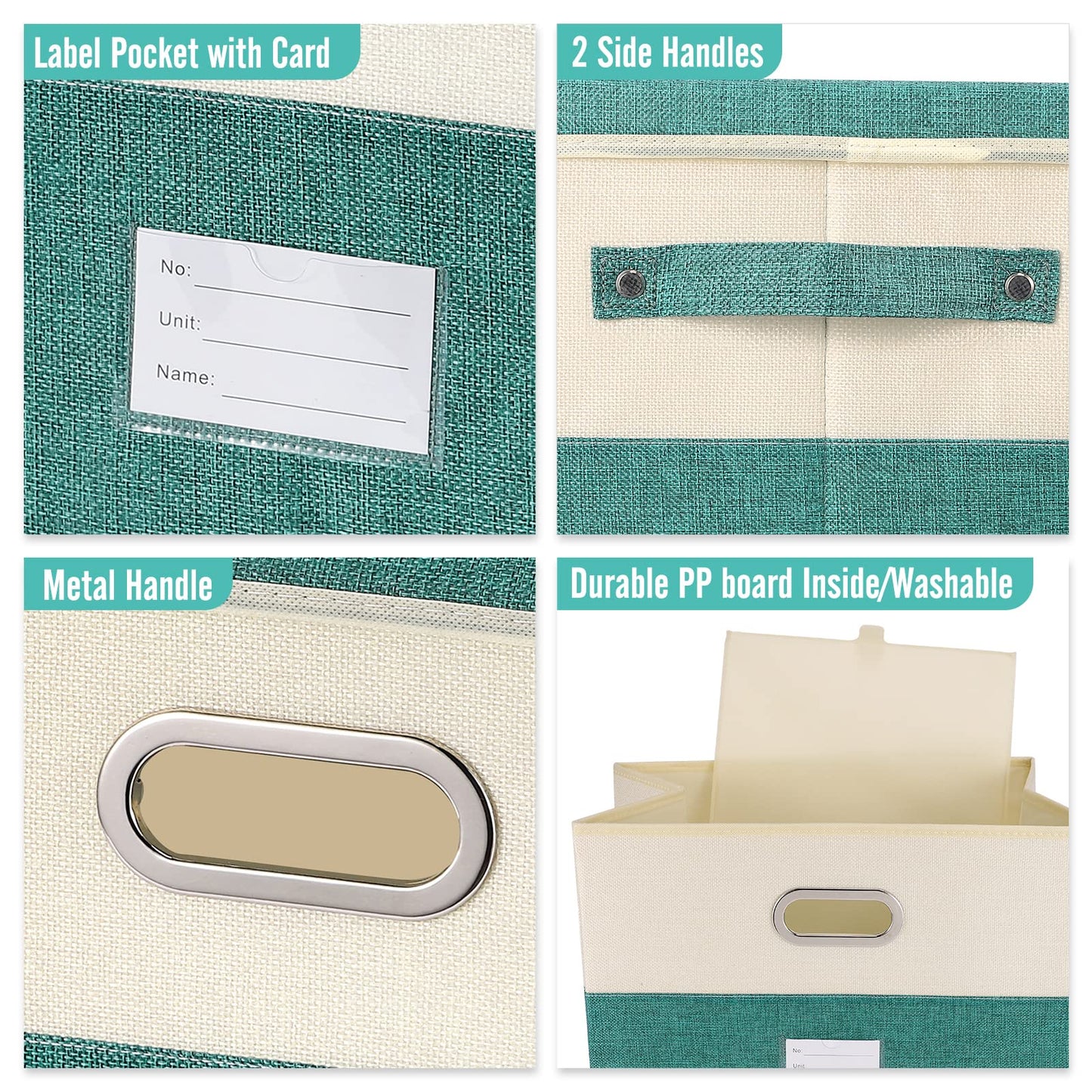 Large Linen Fabric Foldable Storage Bins with Removable Lid and Handles, Washable Storage Box Organizer Containers Baskets Cube with Cover for Bedroom,Closet,Office (Turquoise&Cream, Medium)