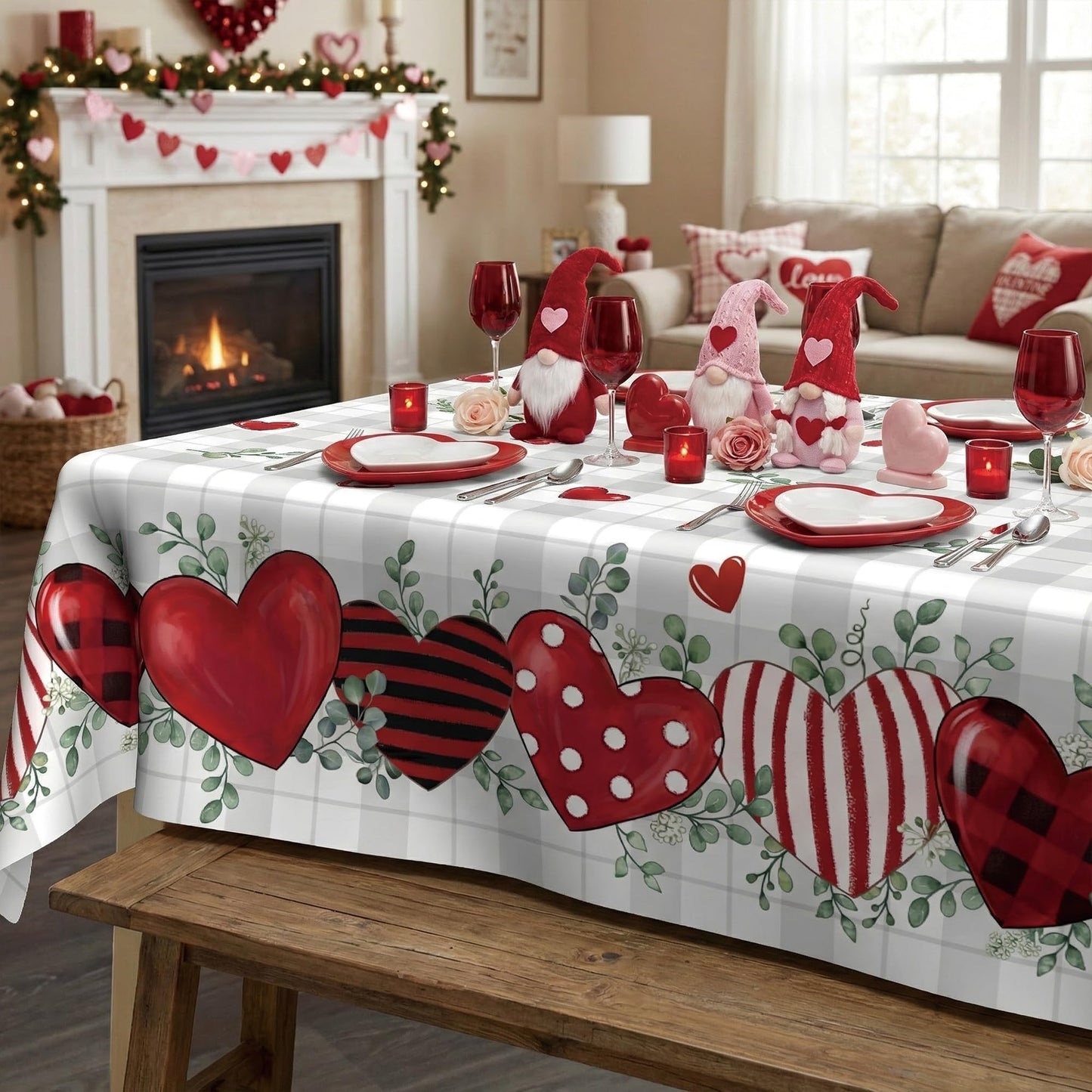 Valentines Day Tablecloth 60×84 Inch, Buffalo Plaid Valentine's Decorations for Home Table Cloth Rectangle, Valentine Day Red Heart Decor Tablecloths Polyester for Picnic Party Dinner
