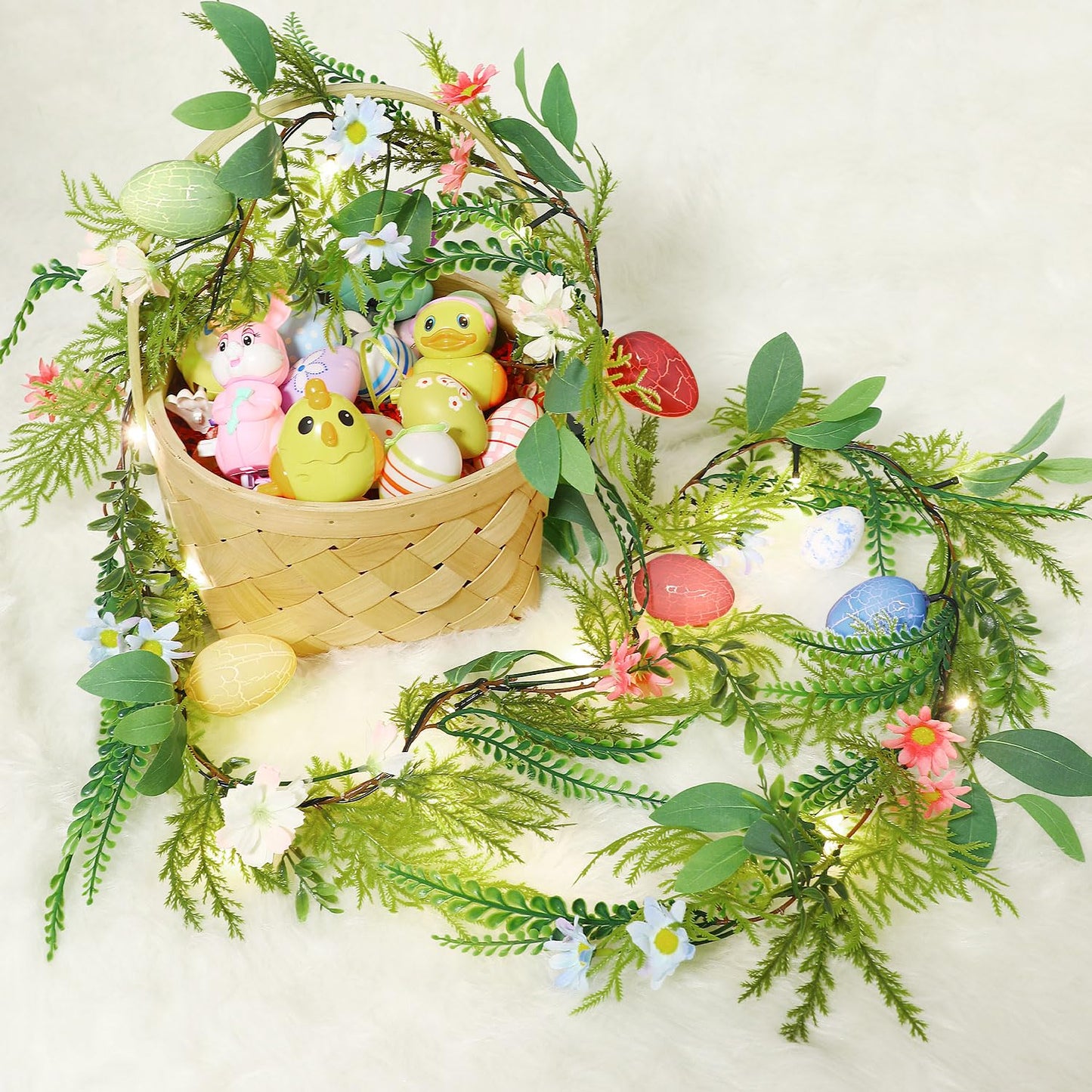 6.7FT Easter Lighted Garland,Artificial Spring Vine Branche with Easter Egg Berries Flower for Mantle Fireplace Home Table Party Decoration