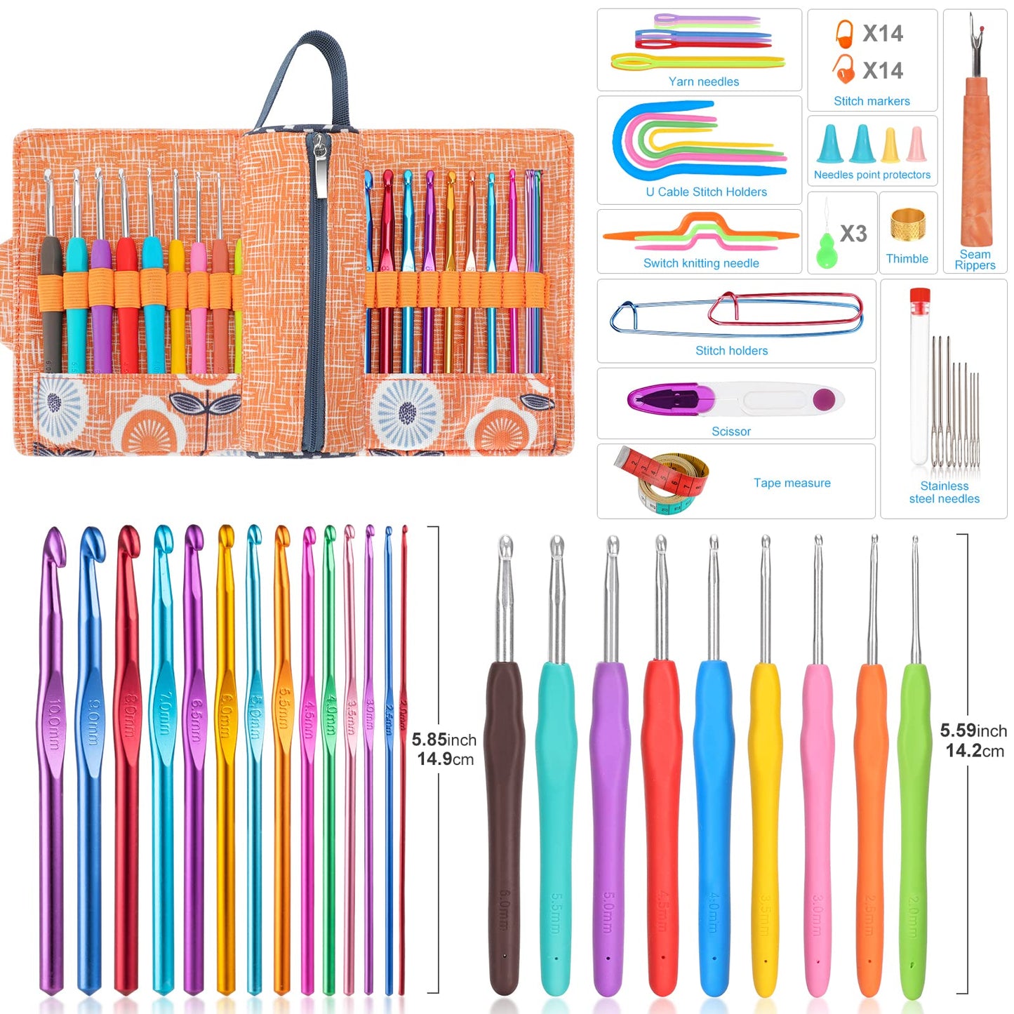 Vodiye Crochet Hooks, Ergonomic Handle Crochet Hooks Set, Comfortable Crochet Hook and Crochet Needle Accessories, Professional Crochet Needles Kit for Beginners and Experienced Crochet Hook Lovers