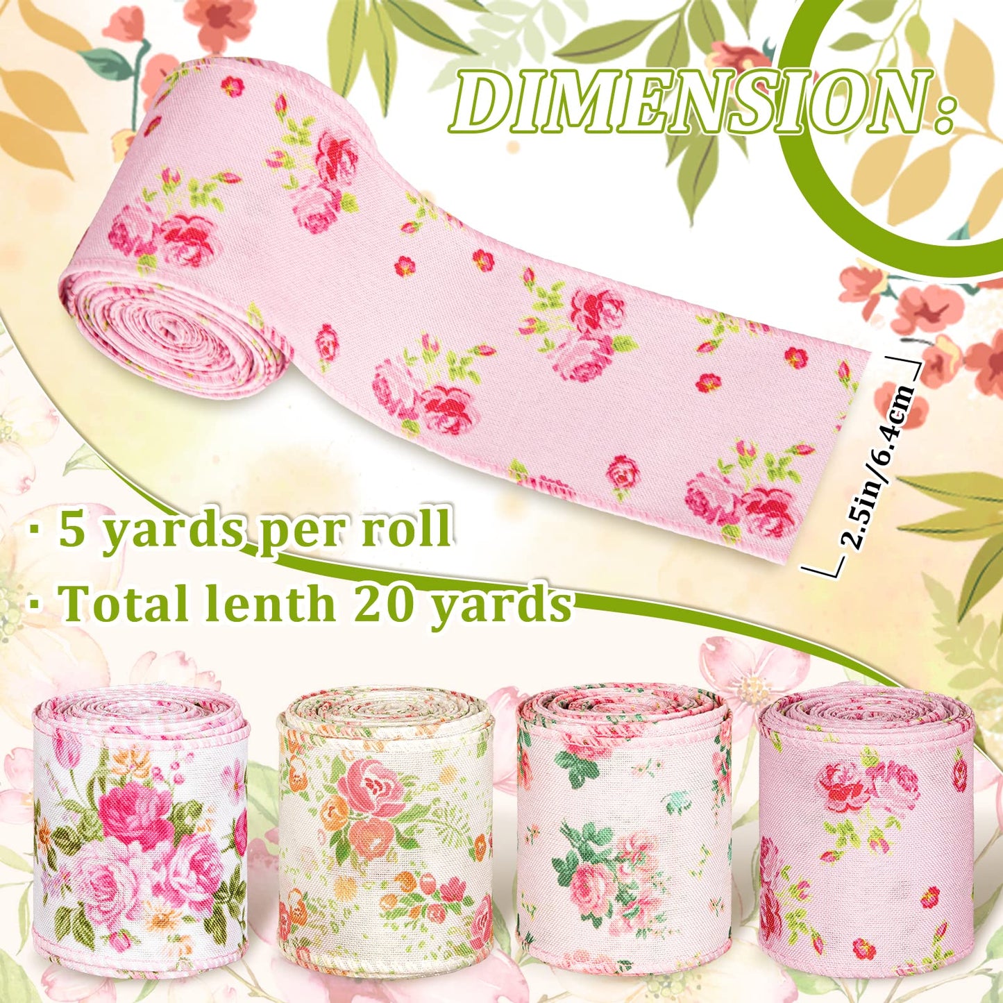 Floral Wired Edge Ribbon 4 Rolls Rose Flower Pattern Ribbon Spring Summer Fabric Decorative Craft Ribbon Roll for Gift Wrapping Decor Hair Bow Sewing Wreath Crafts, 20 Yard x 2.5 Inch