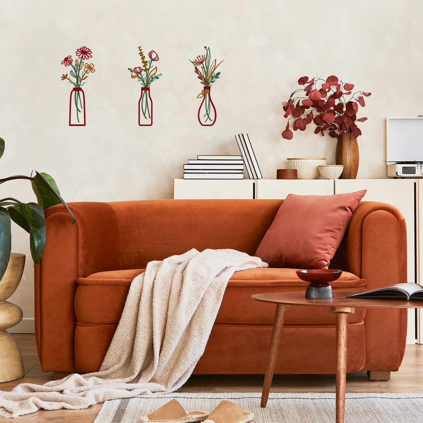 3 Pieces Metal Vase Flowers Wall Arts - Rustic Farmhouse Style Décor Metal Wall Art Black Minimalist Flower Natural Themed Wall Decors for Home Bedroom Dining Room Housewarming (Red, Vase-C)