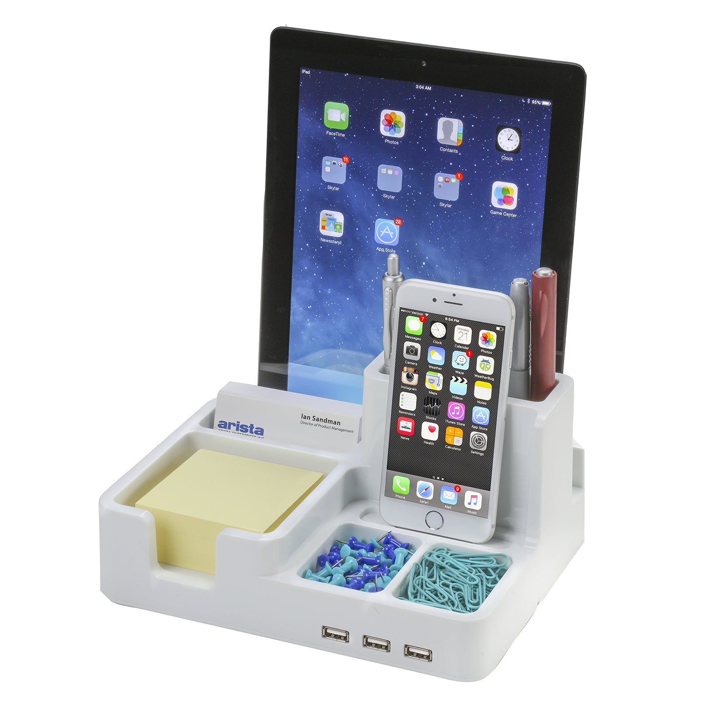All-in-One Desk Organizer & Docking Station/Stand for iPad/iPhone/Tablets/Smartphones with 3 USB Ports