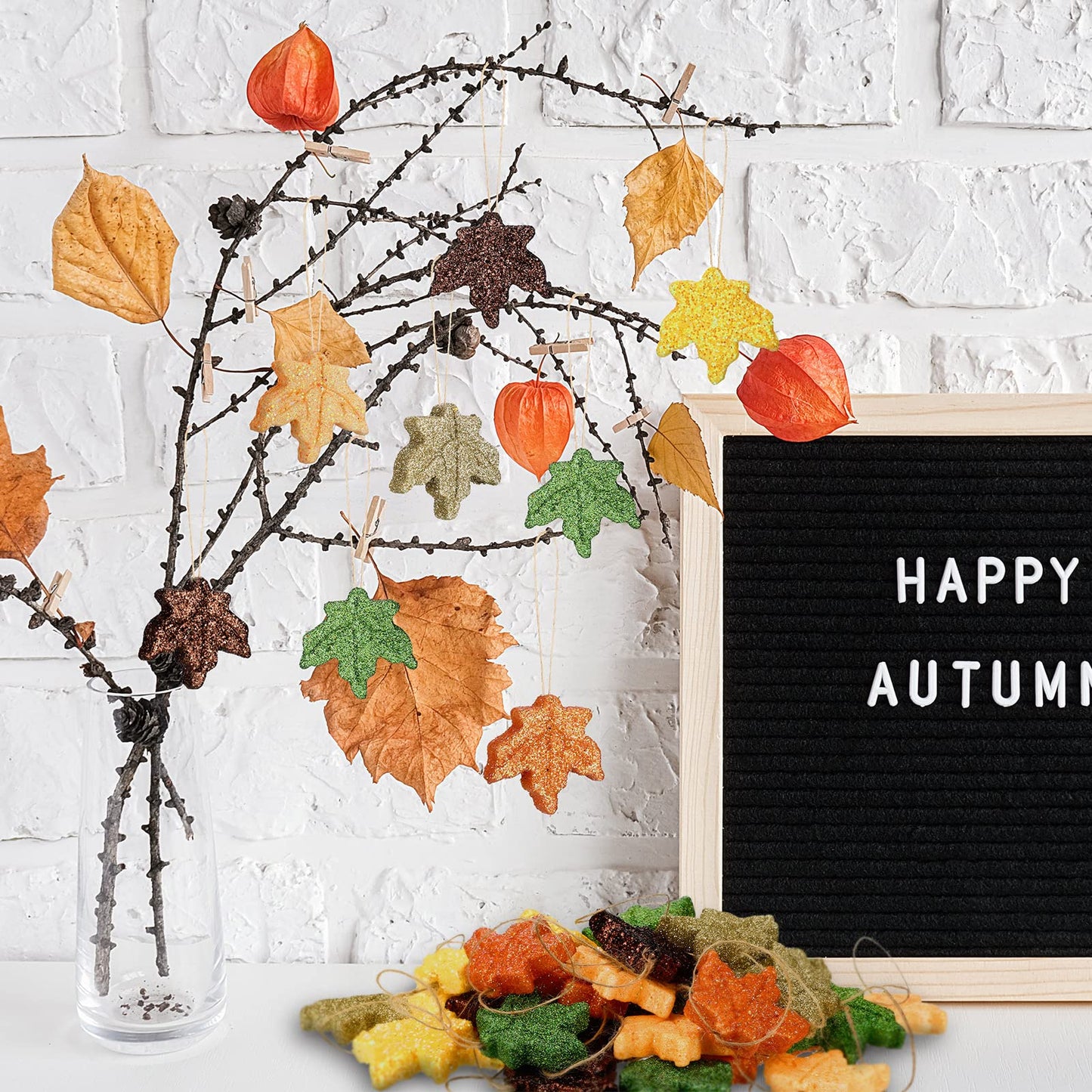 36 Pcs Thanksgiving Maple Ornaments Fall Glitter Leaf Hanging Decor Mini Leaf Tree Ornaments for Thanksgiving Day Autumn Anniversary Party Decoration(Maple