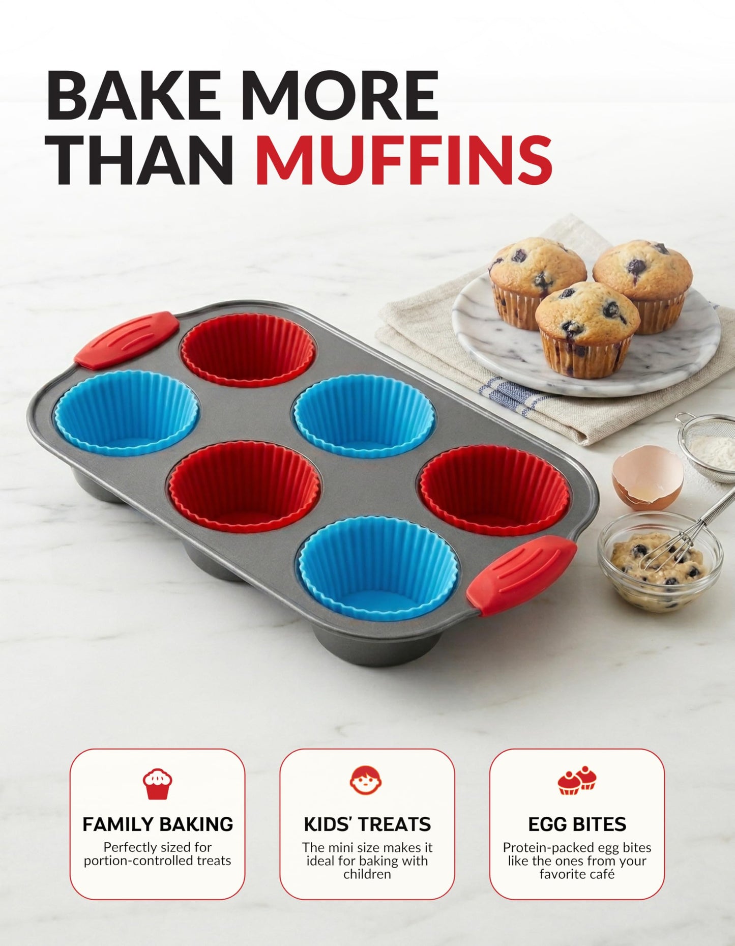 Boxiki Kitchen Non-Stick Steel 6 Cup Muffin Pan with Silicone Handles and Reusable Liners - Perfect for Baking Large Muffins and Cupcakes
