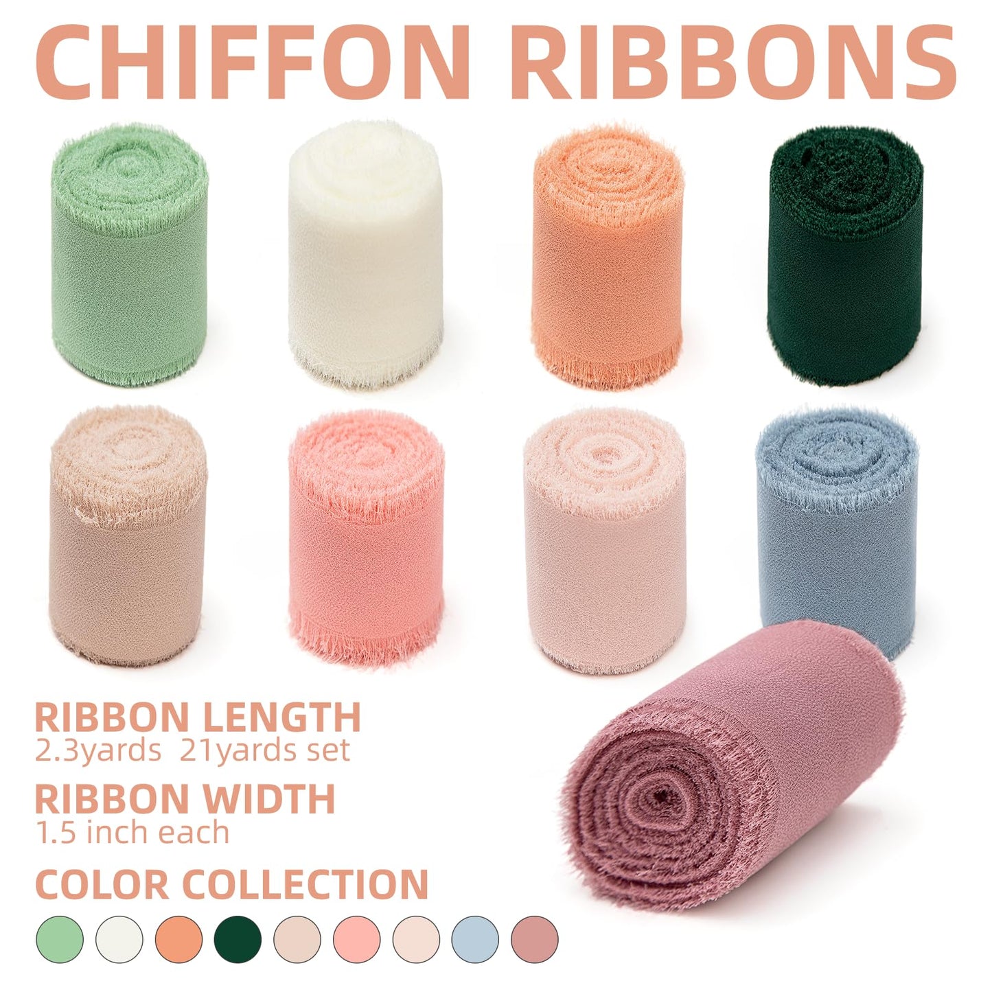 KEOSREE 9 Rolls Multicolour Handmade Chiffon Ribbon,1.5" x 21Yd Frayed Fringe Silk Ribbons (9 Rolls *2.3Yd) for Gifts Wrapping, Wedding Invitations, Bridal Bouquets, Decorations