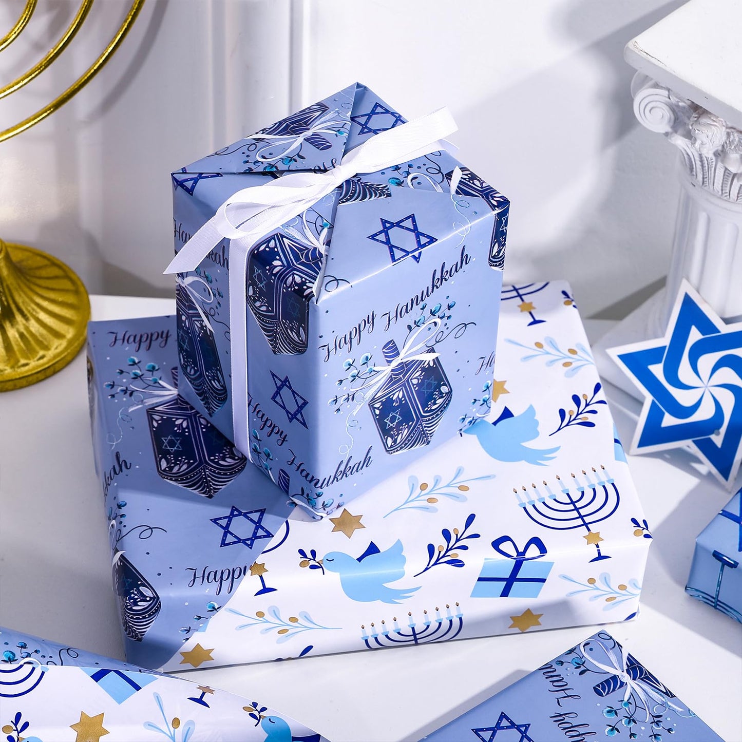 Reversible Hanukkah Wrapping Paper - Mini Roll - 17 Inch x 33 Feet - Dreidels and Menorah Lights Chanukah Wrapping Paper Perfect for Hanukkah, Chanukah, Holiday
