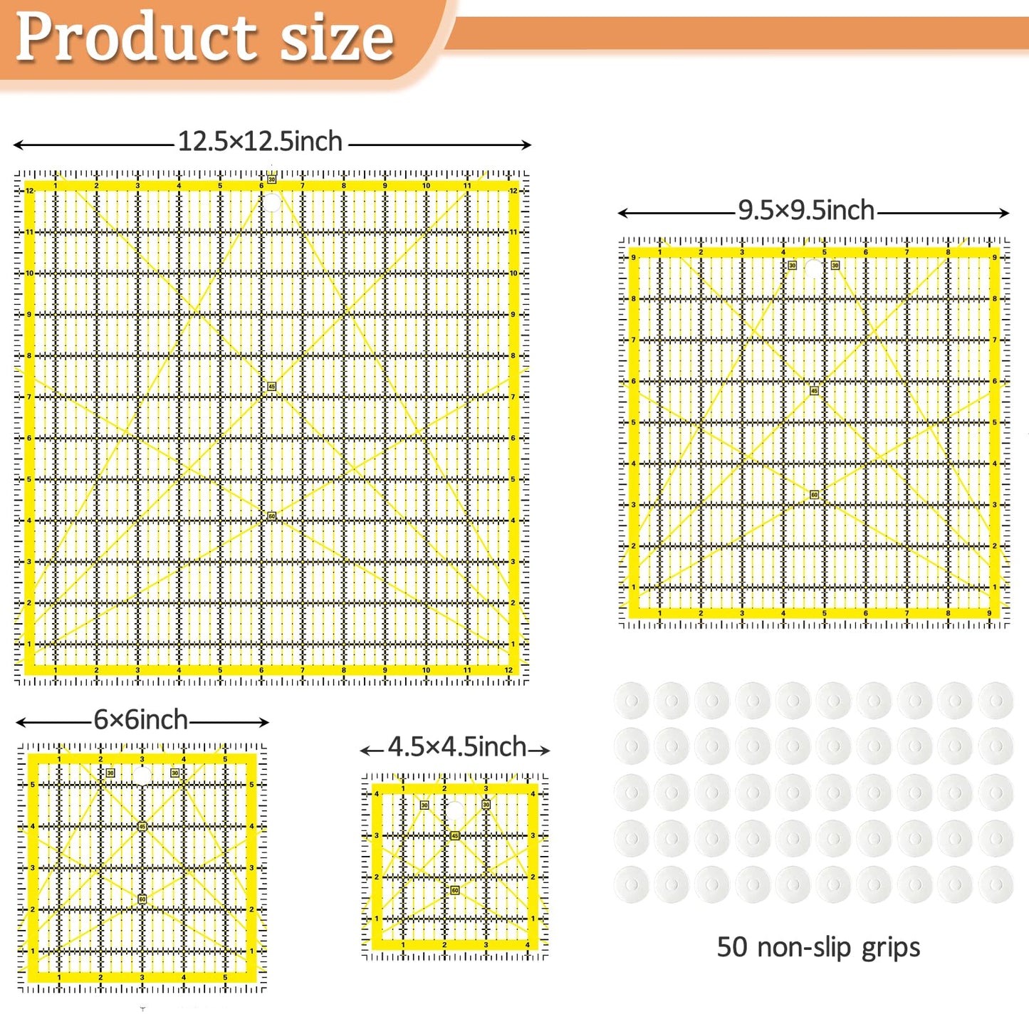 VPVPV 4 Piece Quilting Ruler,Acrylic Square Ruler,Quilting Templates,with Non Slip Rings 50 Pieces(4.5“X4.5”、6“X6”、9.5“X9.5”、12.5“X12.5”)