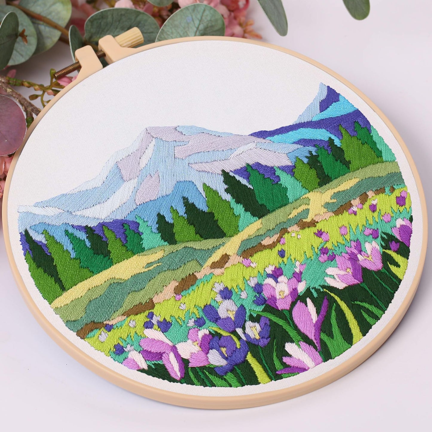 4P Beginner Embroidery Kit,Floral Plant Pattern,Cross Stitch Kits, Including Stamped Embroidery Cloth with 2 Embroidery Hoops, Color Threads and Embroidery Kits