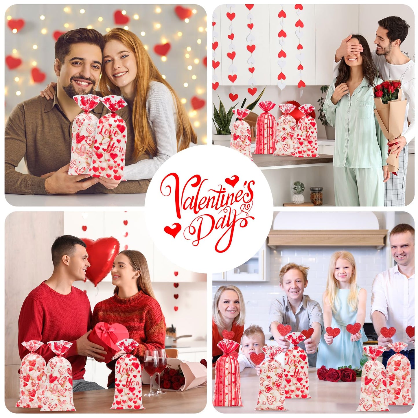 100 Pcs Valentine Treat Bags - Red Heart Cellophane Goodie Bags, Clear Plastic Happy Valentine's Day Cello Candy Gift Bag With Twist Ties for Wedding Anniversary Party Favors Supplies