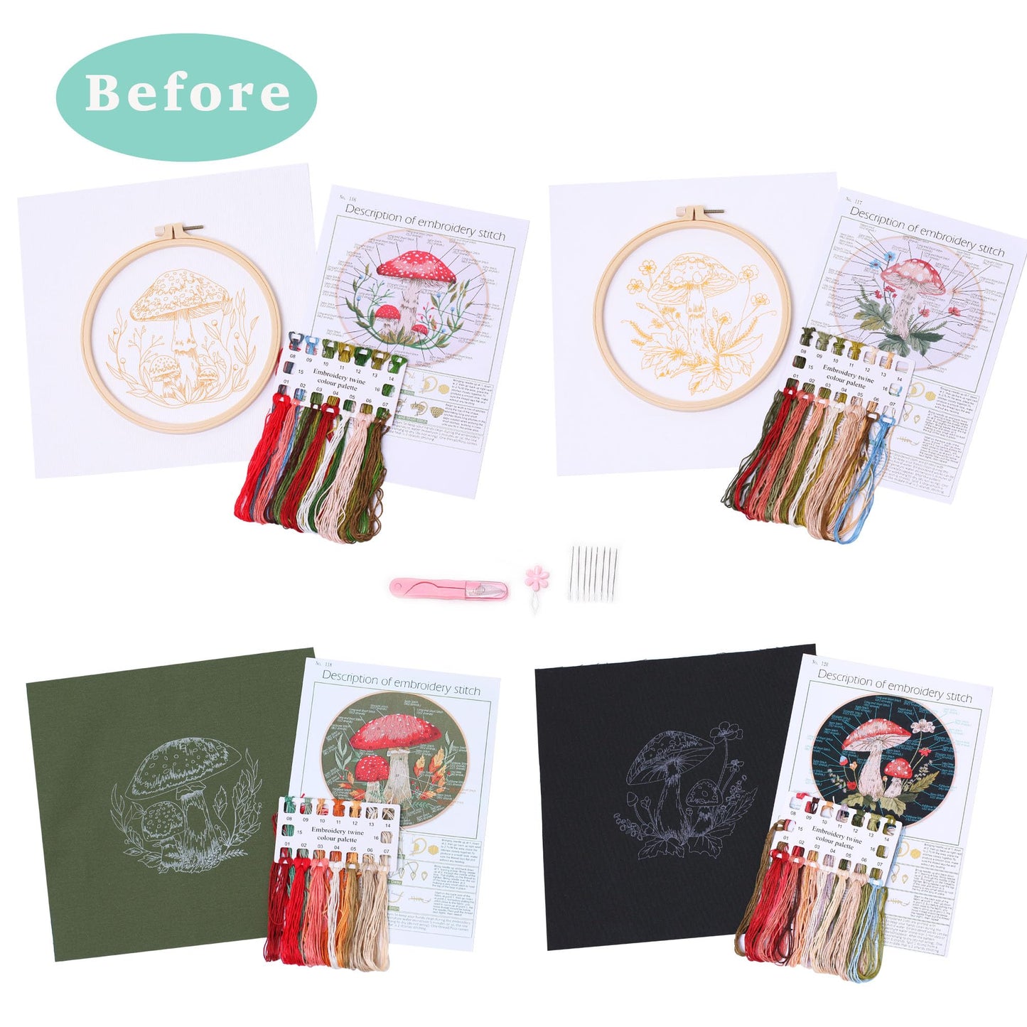 REEWISLY 4 pcs of Embroidery Starter kit with Patterns and Instructions, DIY Adult Beginner Embroidery Kits, Including 2 Plastic Embroidery Rings, 1 Pair of Scissors, Colored Threads and Needles