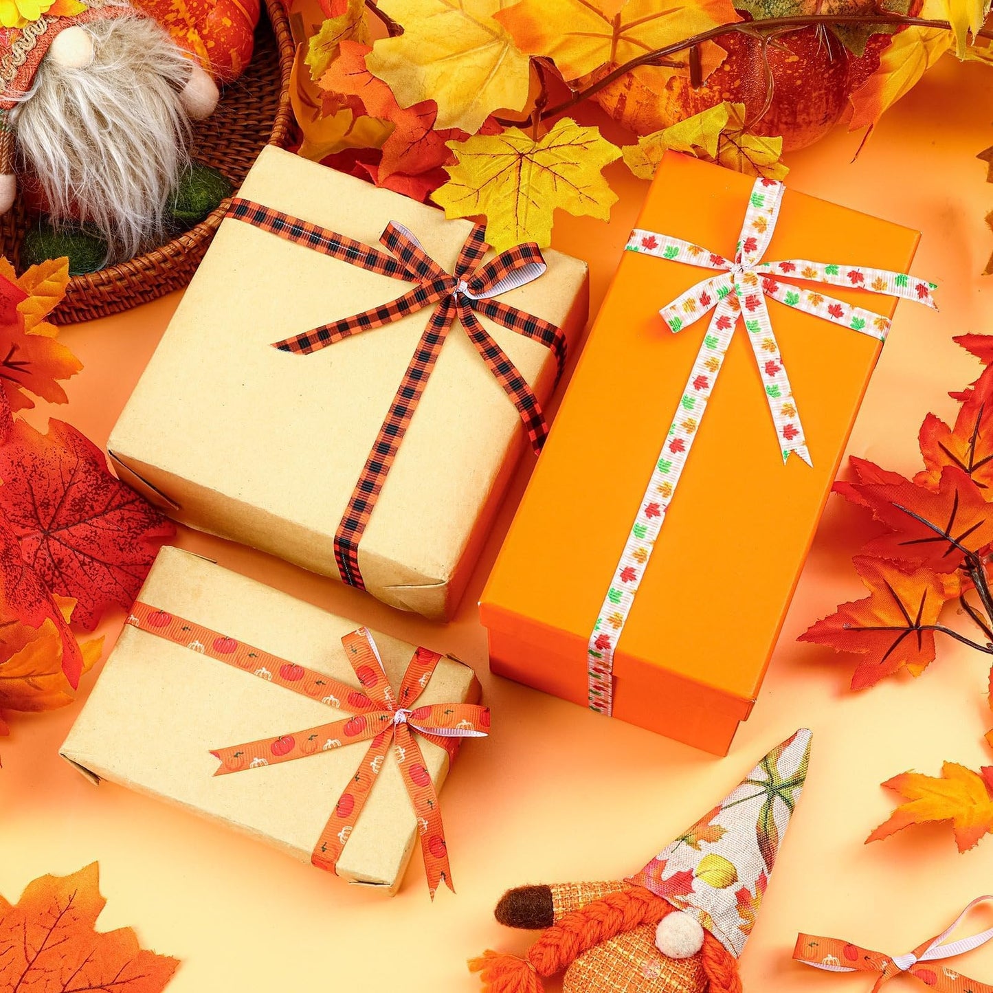 DECYOOL Fall Ribbon, 6 Rolls 60 Yards Autumn Thanksgiving Grosgrain Ribbons 10 mm Wide Orange Pumpkin Maple Leaf Ribbon for Gift Wrapping Bow Wreath
