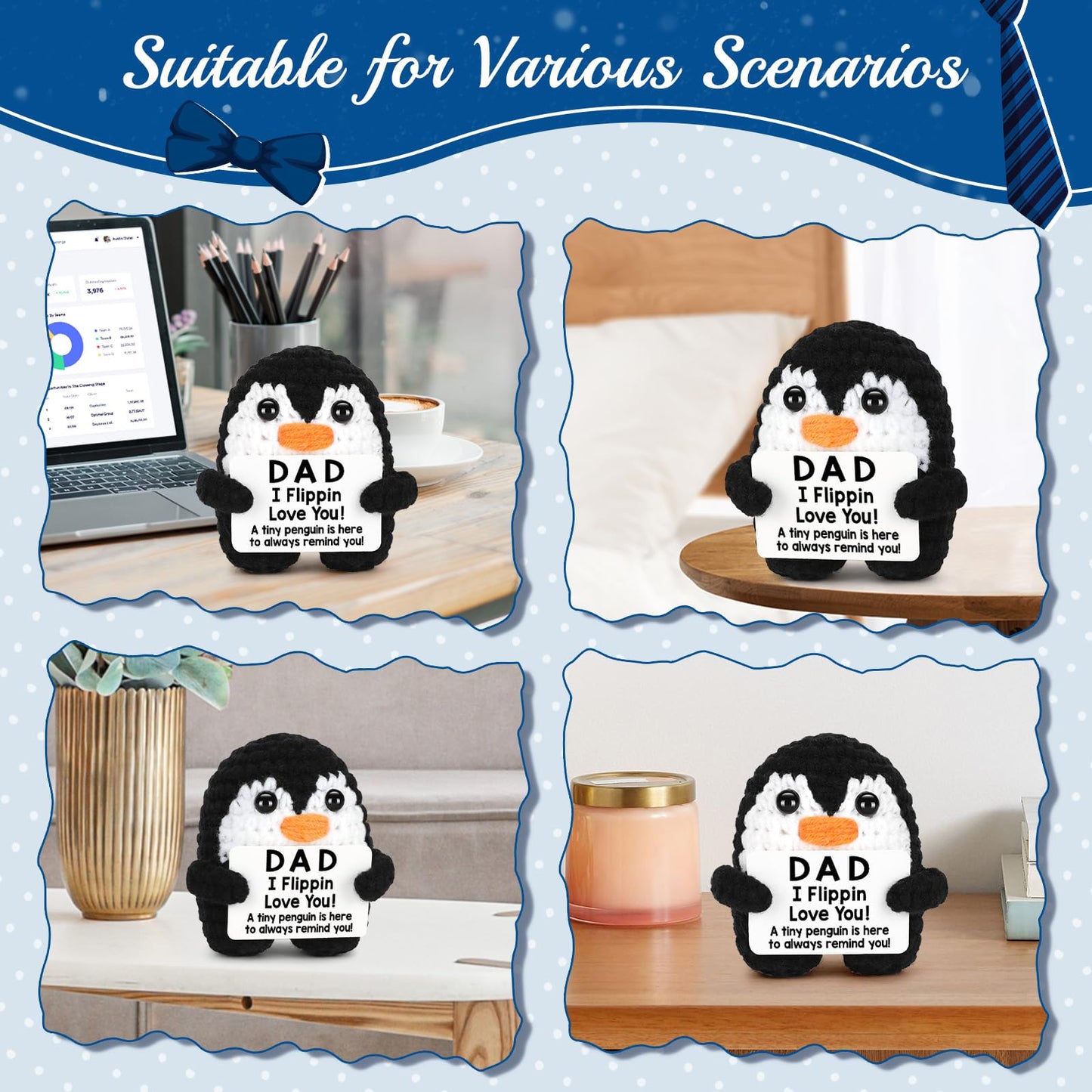 Fathers Day Dad Gifts from Daughter Son Birthday, Handmade Crochet Penguin Father's Day Dad Birthday Gifts, Mini Funny I Love You Gift for Dads Bonus Step Daddy Father Mens Positive Cute Decor